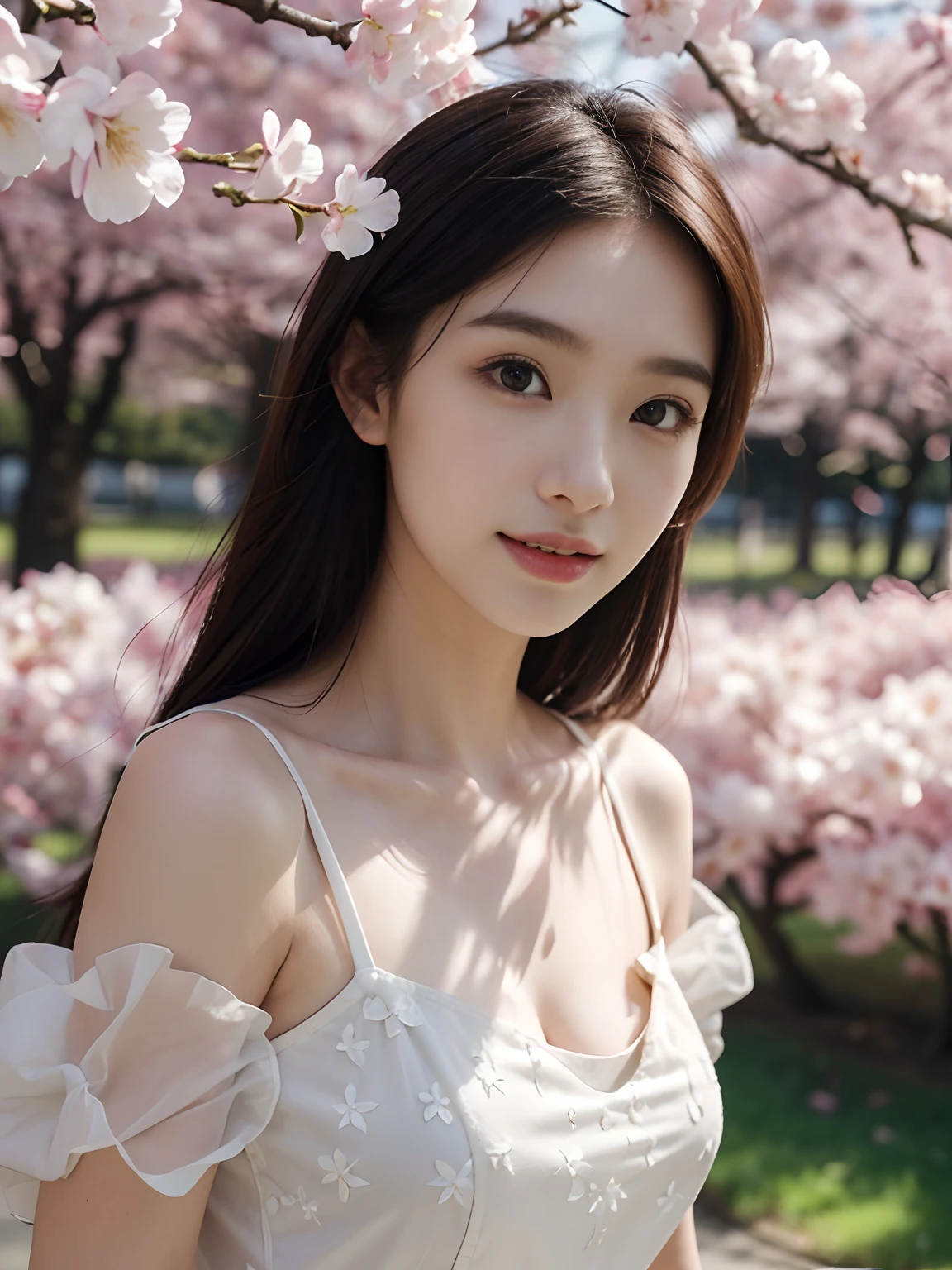 (Best quality,4K,8K,A high resolution,Masterpiece:1.2),Ultra-detailed,(Realistic,Photorealistic,photo-realistic:1.37),Beautiful detailed eyes,beautiful detailed lips,Extremely detailed eyes and face,Long eyelashes,slender leg,nice thigh,perfect hand,Nice fingers,1girll,korean beautifull girl,Japanese and Korean beauties,Korean,Large cleavage,deep v big breasts,Under the cherry blossoms,Enchanted smile,feminine charm,Flowing black hair,Elegant posture,Beautiful dance moves,Soft sunlight filters through the branches,Subtle shades of pink and white,tranquil ambiance,The breeze rustles the petals,Portrait style painting,Meticulous brushstrokes,Texture canvas,Delicate petals,Ethereal beauty,There is a faint blush on the cheeks,Natural and enhanced functionality,Classic Korean makeup,Sparkling eyes,setting in nature,Tranquil background,A traditional Korean garden,Gorgeous wooden building,colorful lanterns,Unique Korean style,The subtle scent of cherry blossoms,Play soft music in the background