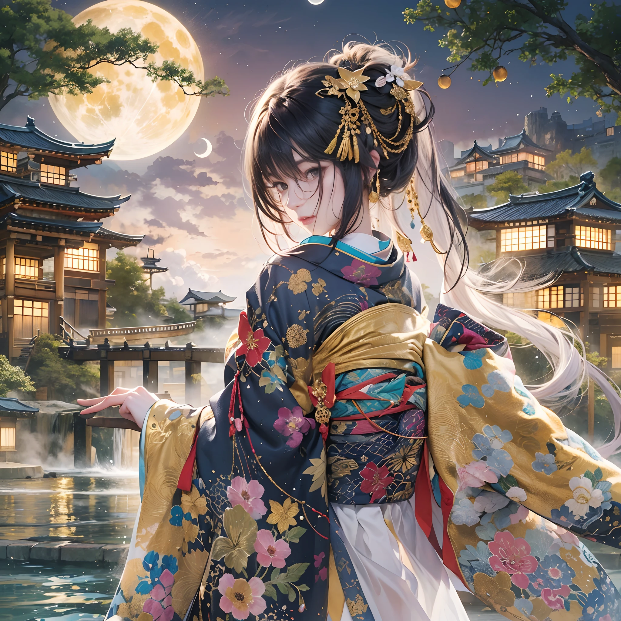 watching at viewers、Ancient capital and moon in the background、Dense background、poneyTail、Woman with shiny black hair、{{{Luxury kimono(Colorful kimono(Detailed golden embroidery,))}}}、face perfect,Depict a beautiful and graceful woman of Japan。Heart in the eye。full body Esbian。 Wallpaper 8K, .Blur the background with a sickle,((masutepiece)), ((Best Quality))