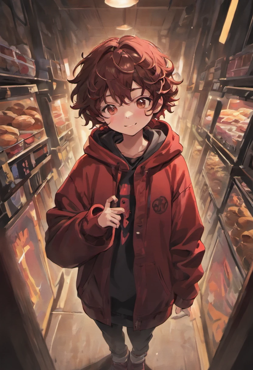 ((boy)),((dark brown hair)), ((curly hair)), ((black bucket hat)), ((smiley face on black bucket hat)), ((simple smiley face desighn on black bucket hat)), ((race: japanese)), ((red hoodie)), ((nothing on red hoodie)), ((happy)), ((pose: holding out a tray of muffins)), ((light red hoodie)), ((blank pants)), ((background: red and black gradient))