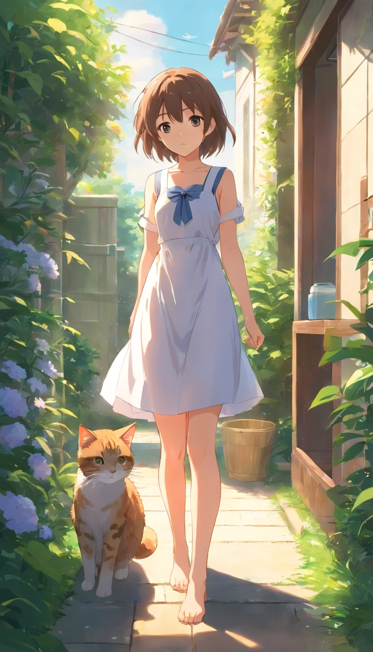 Anime girl in white dress standing in garden with cat, Hang the laundry outside to dry，loli in dress, small curvaceous loli, Guviz-style artwork, Guweiz in Pixiv ArtStation, Guweiz on ArtStation Pixiv, Guviz, small loli girl, Soft anime illustration, Anime visuals of cute girls, Detailed digital anime art