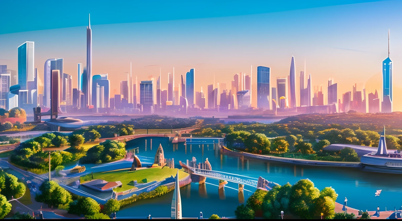 urban skyline, distant side view, background, sunny day, left edge continues to right, Disney, post-processing, cartoon, pixar,