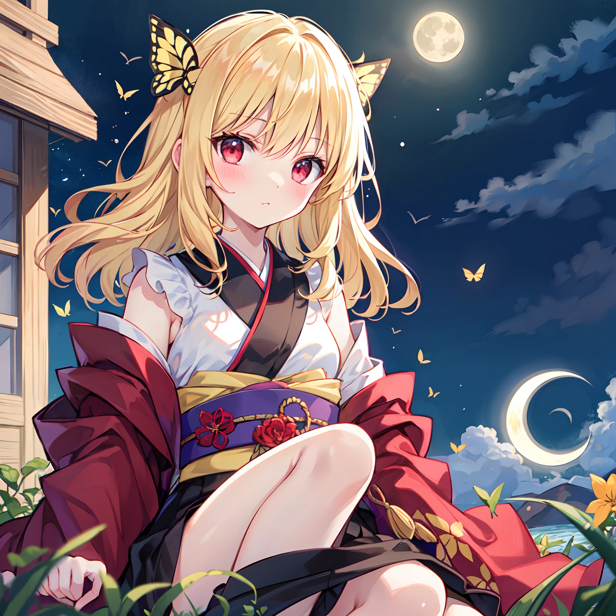 Wavy blonde、butterflys々、red eyes、Beautiful girl alone、Kimono、off shoulders、a moon、natta、red blush