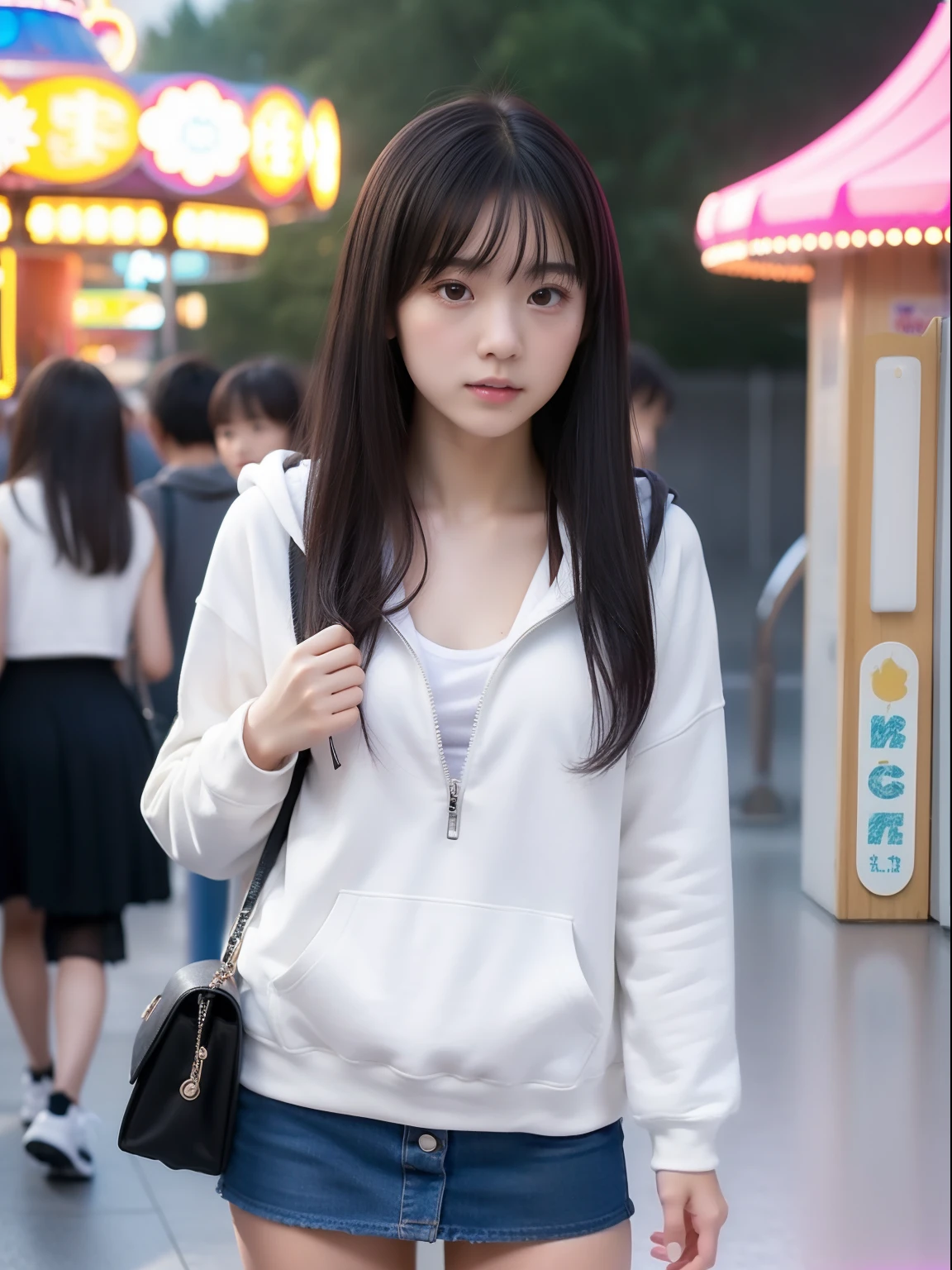 年轻，(a miniskirt)，Mokomoko's hoodie，teens girl，Delicate body，petite body，Delicate body，small tits，tiny chest，Short，A dark-haired，Very Longhair，a shower，An amusement park，Looks Back