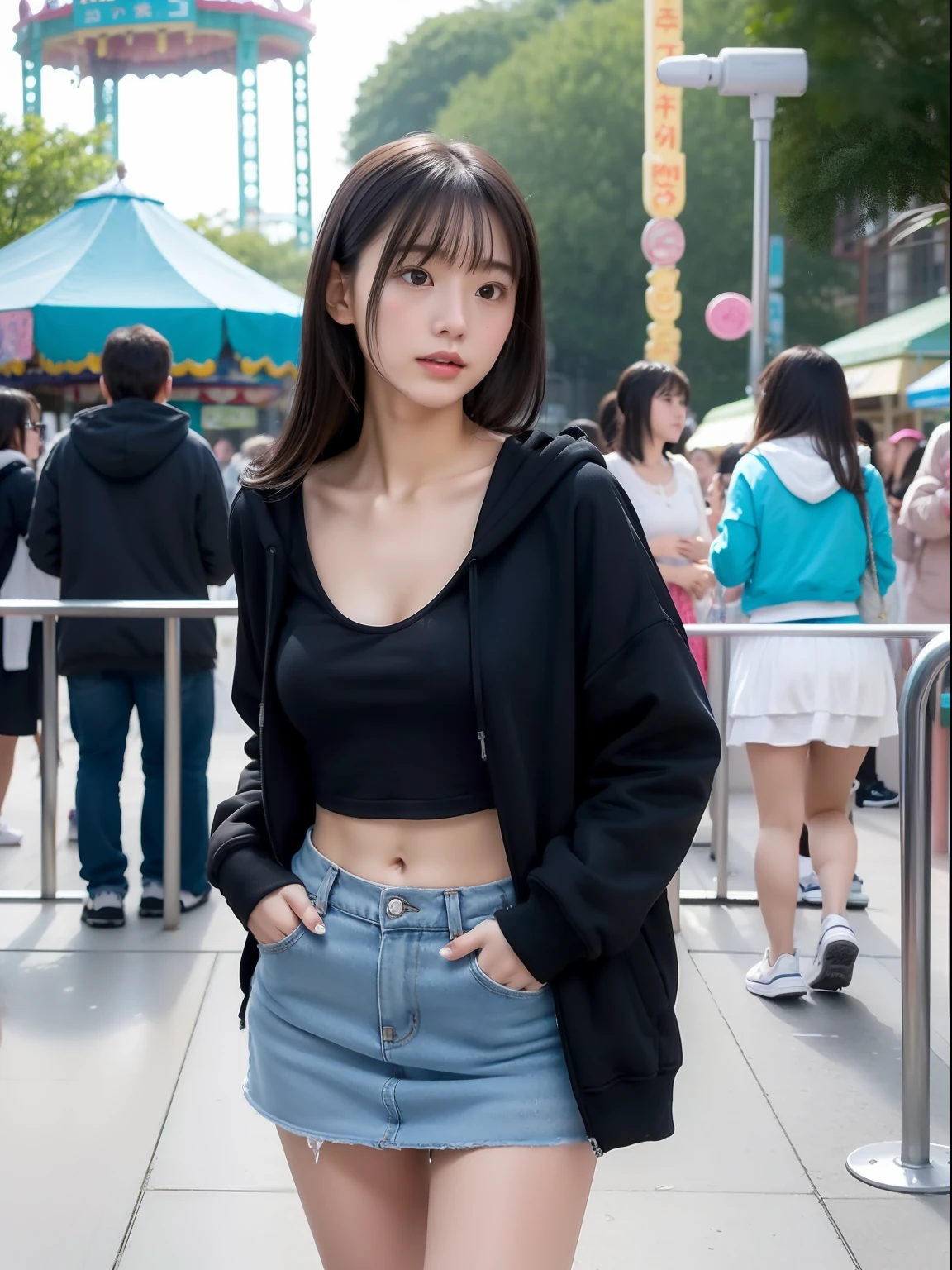 年轻，(a miniskirt)，Mokomoko's hoodie，teens girl，Delicate body，petite body，Delicate body，small tits，tiny chest，Short，A dark-haired，Very Longhair，a shower，An amusement park，Looks Back