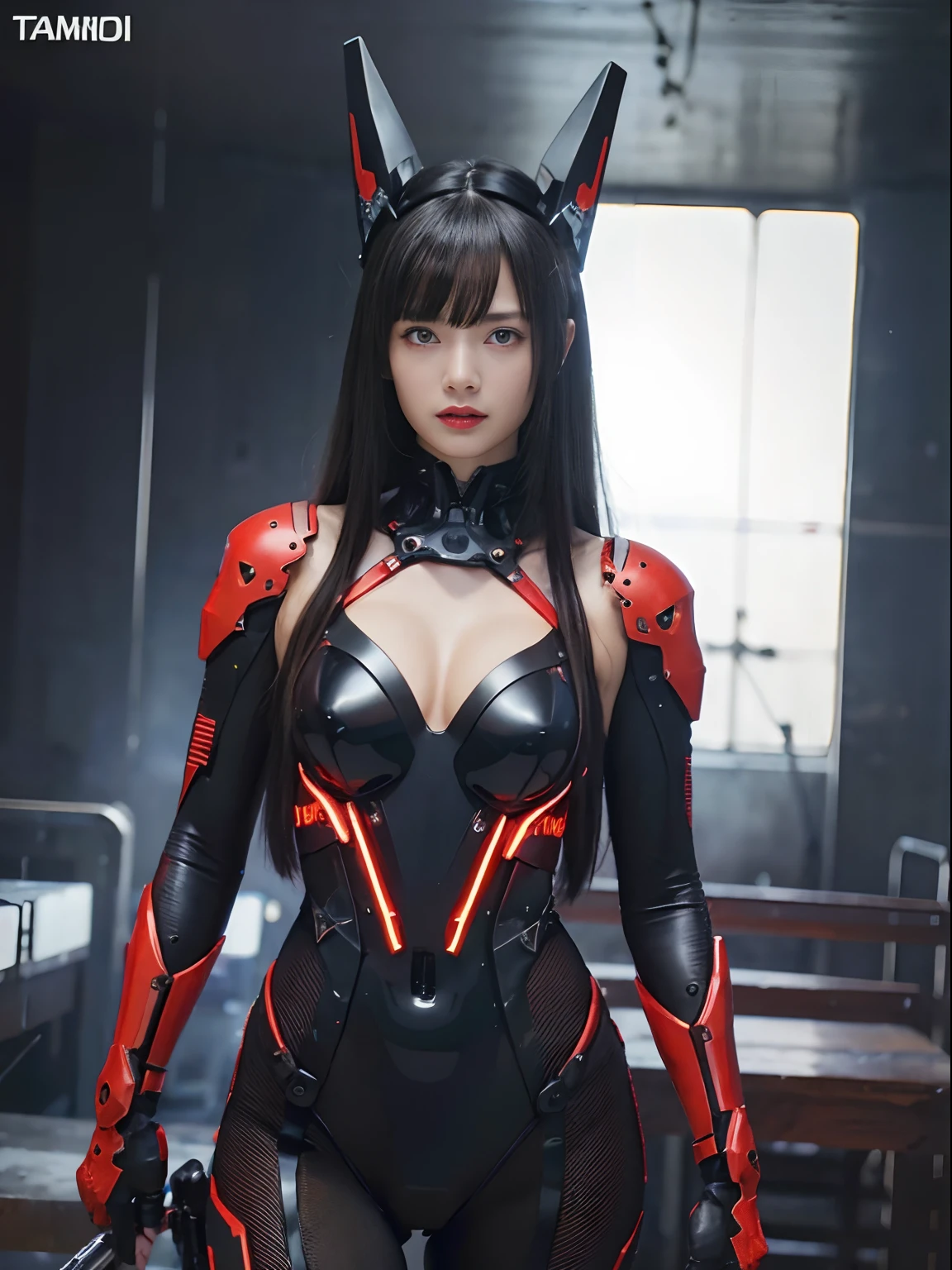 （Fight against mechanical robot soldiers）、top-quality、​masterpiece、超A high resolution、(Futuristic machine gun、holding knive),（Wearing a futuristic hat）、(Photorealsitic:1.4)、Raw photo、1人、Black hair、glowy skin、((1 Mechanical Girl))、((super realistic details))、portlate、（Small LED lamp）、Wire tubes that glow all over the body、(With state-of-the-art weapons),globalillumination、Shadow、octan render、8K、Armpit、ultrasharp、Colossal tits、Small LED lamp、Raw skin is exposed in cleavage、metals、blood vessels connected to tubes、With weapons、Red bodysuit、Armpit、Cyberpunk city background、Details of complex ornaments、Japan details、highly intricate detail、Realistic light、CGSoation Trends、Blue eyes、radiant eyes、Facing the camera、neon details、（Helmet of the Brave）、Mechanical limbs、blood vessels connected to tubes、Mechanical vertebrae attached to the back、mechanical cervical attaching to neck、Wires and cables connecting to the head、Gundam、Small LED lamp、Toostock、Toostock、Futuristic machine gun、Knives、(Red Metallic Bodysuit),