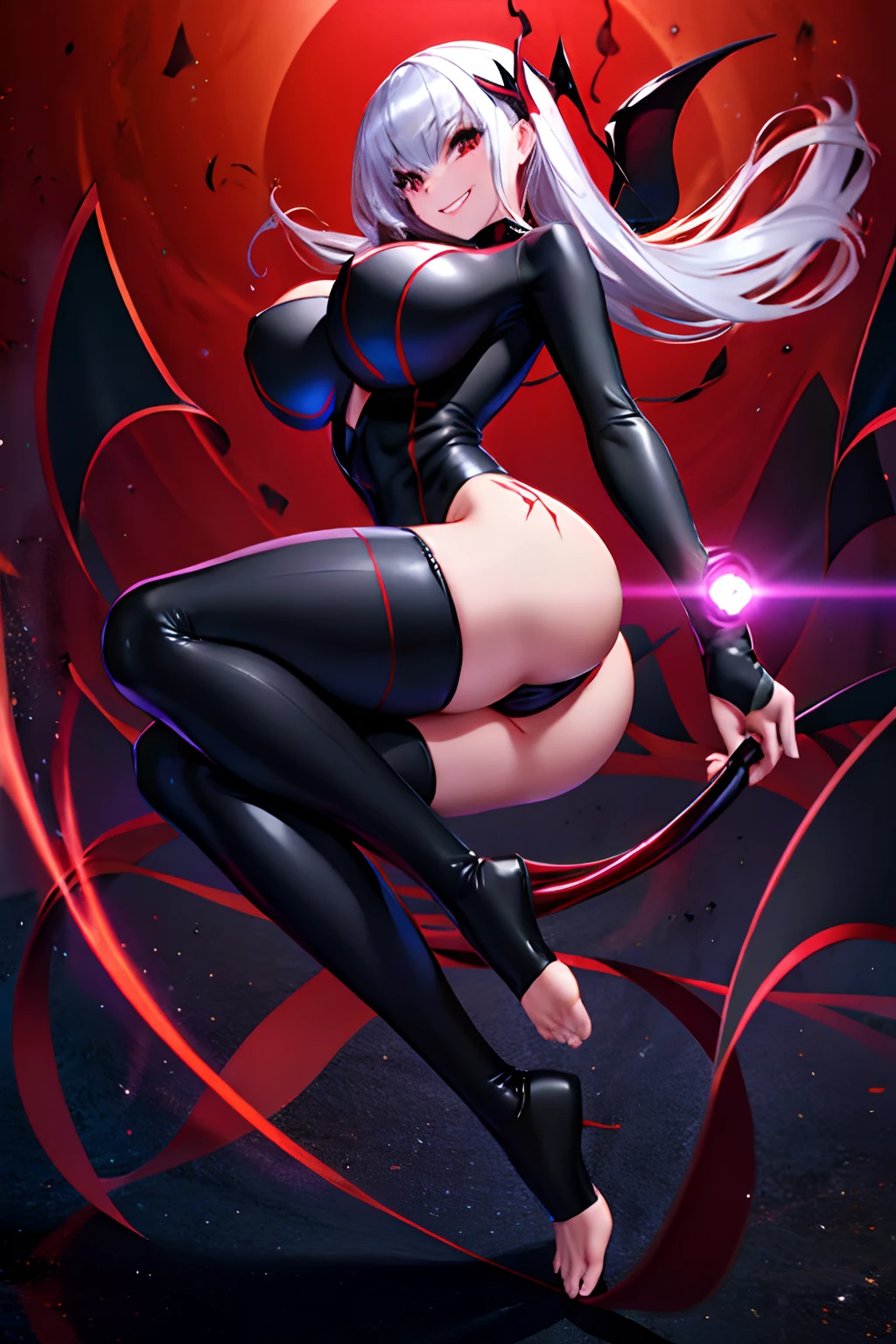 Black full body suit Red lines all over the body huge tit Big ass Whip thighs seductiv a smile succubus Bare legged