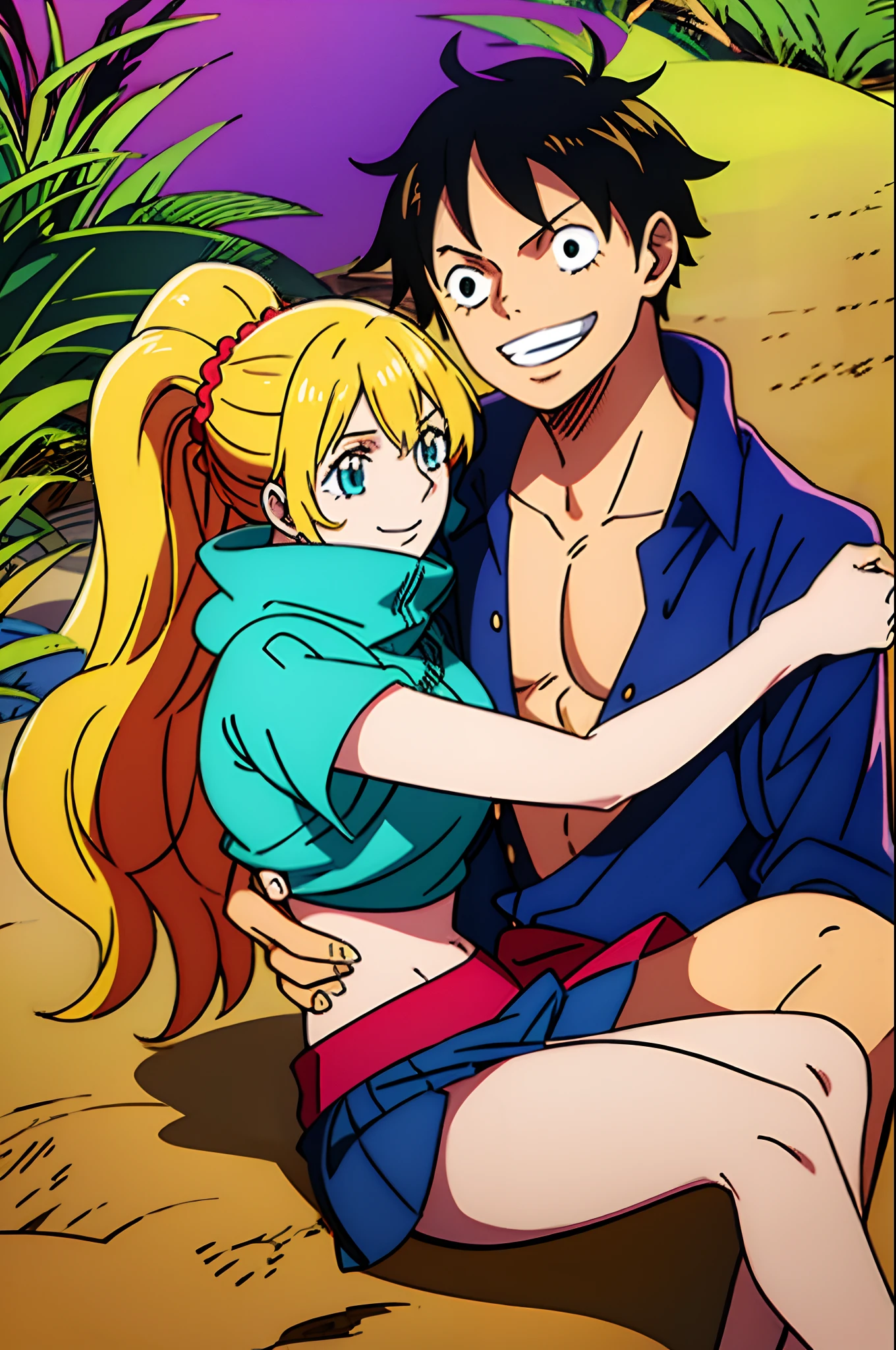 masterpiece, best quality, 1girl, alicetaria,blonde hair, long hair, ponytail, blue eyes, blue shirt, pleated skirt, solo, simple background, bikini, beach, alicetarian and luffy, husband and wife, couple happy in a beach, , purple hair,1boy, sitting in couple, affection, love,relationship, lovey dovey, happy, hug, smile, 2character, 1Boy, monkey d, luffy, one piece