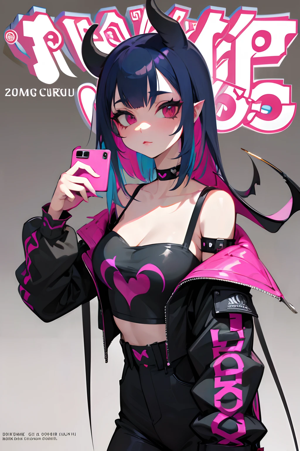Succubus girl in her 20's taking a selfie for a magazine cover, blank background with room for the title of the magazine. Girl is wearing punk clothing and a choker, her multicolored hair is medium length and has bangs, long eyelashes draw in the viewers attention
