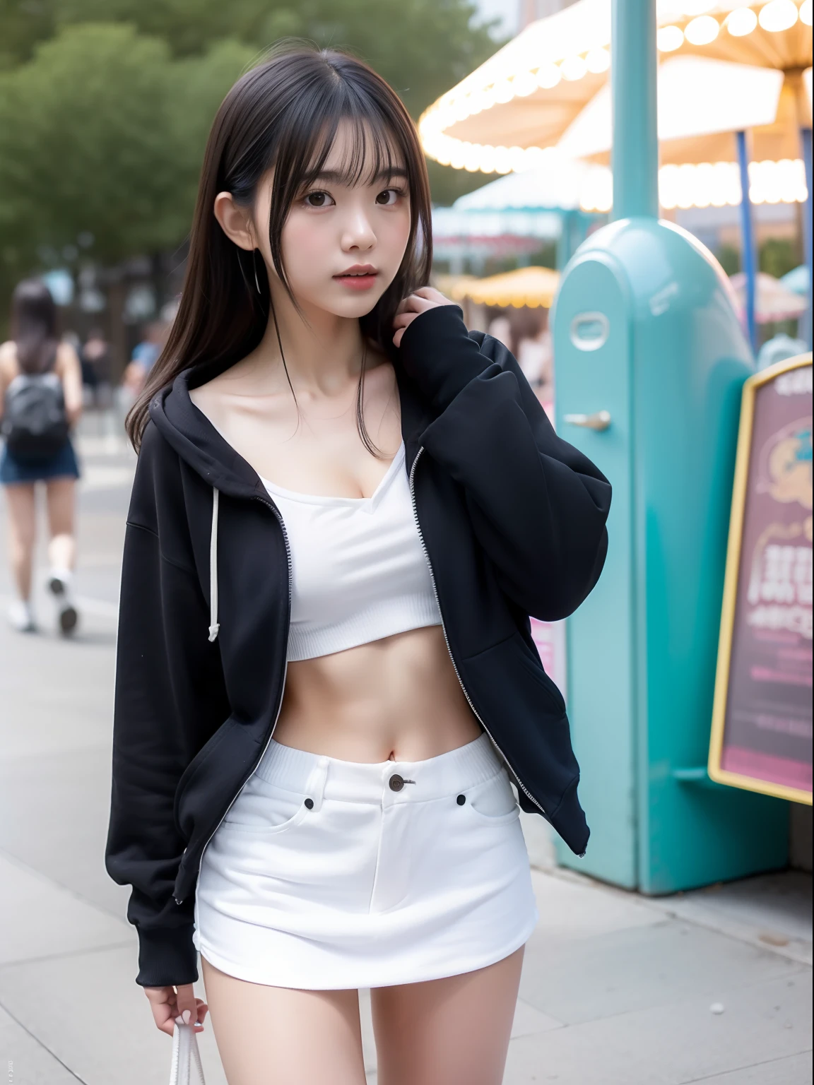 年轻，(a miniskirt)，Mokomoko's hoodie，teens girl，Delicate body，petite body，Delicate body，small tits，tiny chest，Short，A dark-haired，Very Longhair，a shower，An amusement park