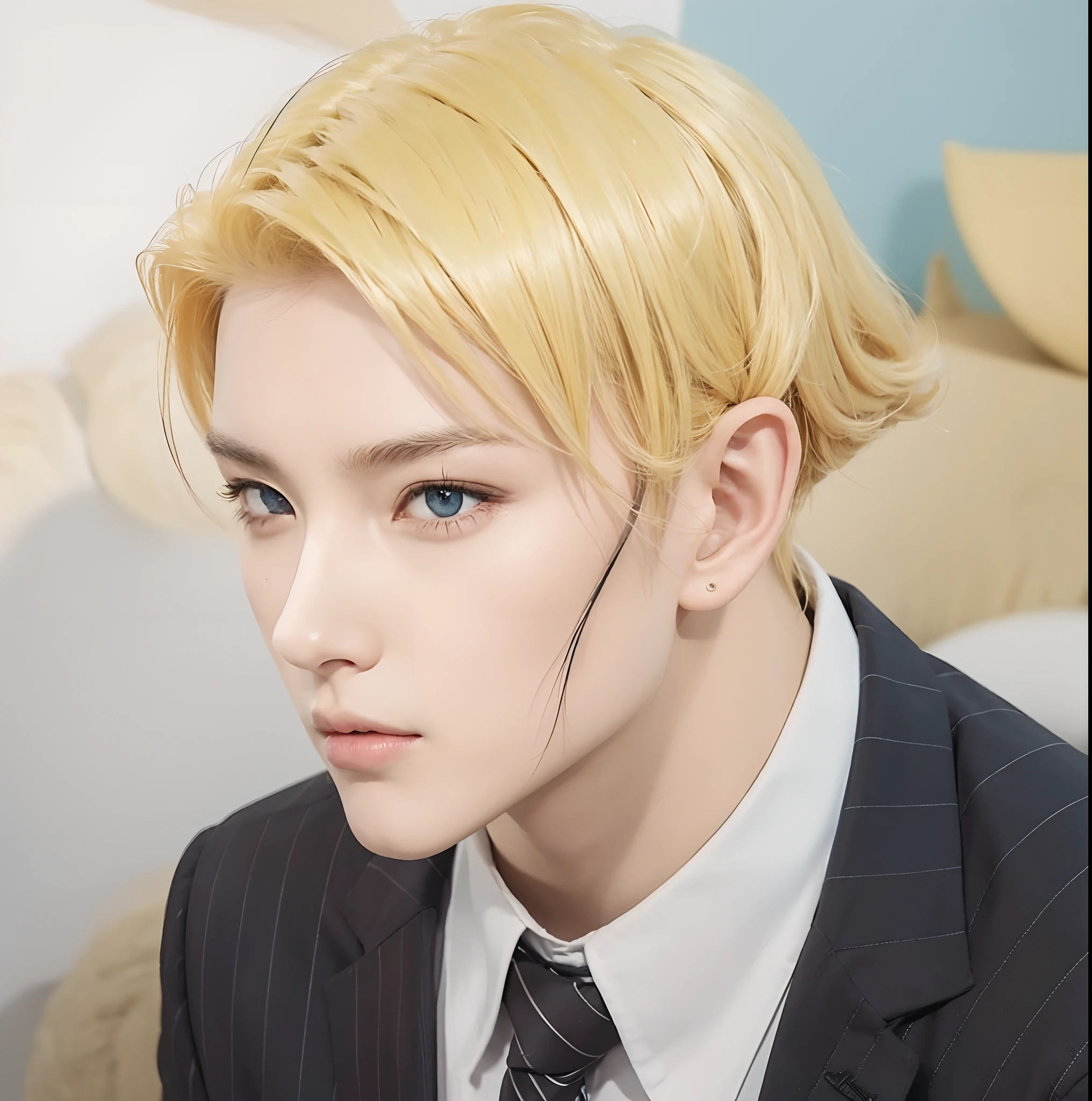 Real life adaption of this character, handsome face,realistic outfit,detailed eyes,realistic yellow hair,realistic background,hyper realistic,realism,realistic light, realistic shadow,(photorealistic:1.2), looking to viewer