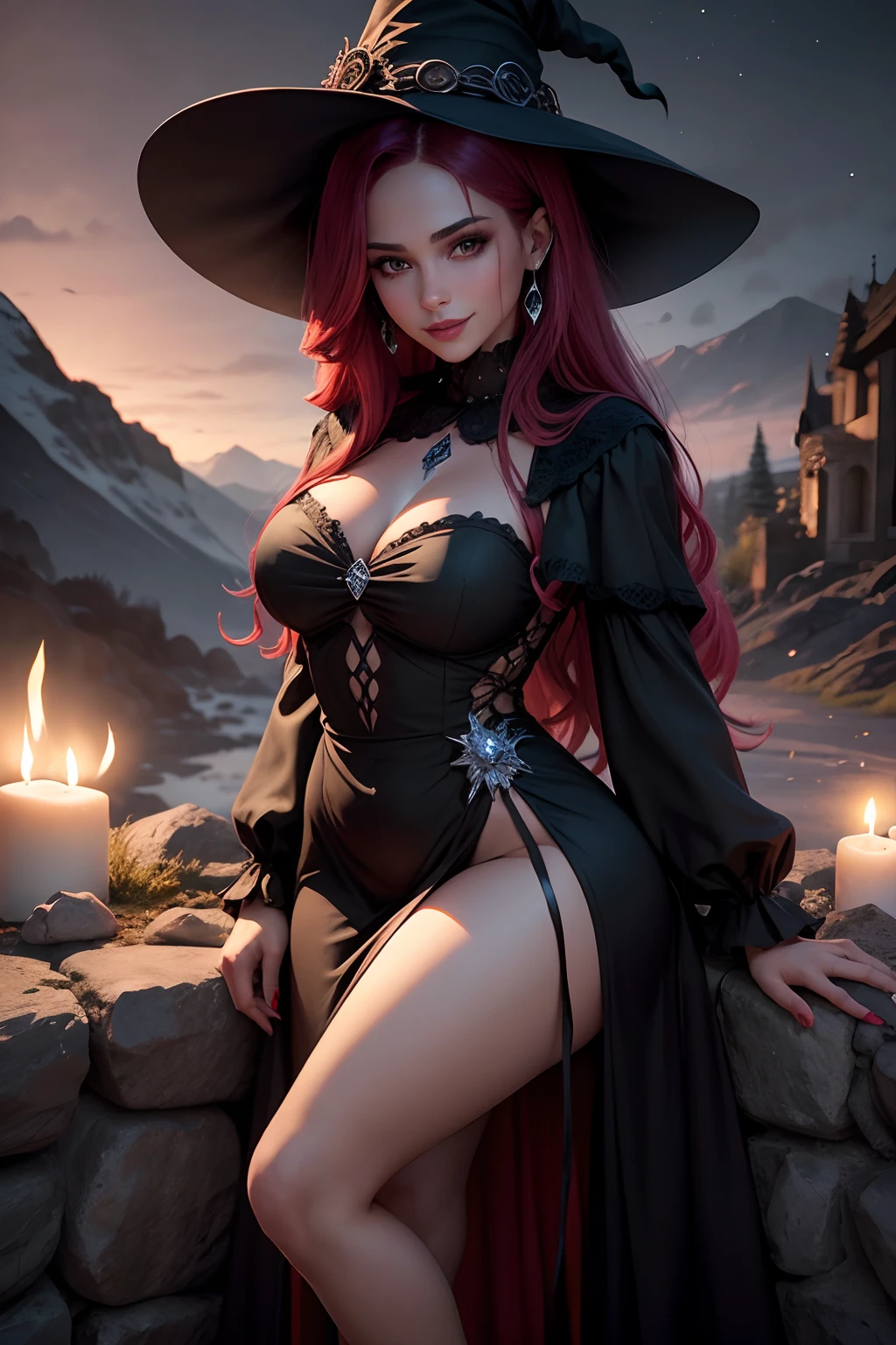1 chica hermosa, witch enigmatic smile, piel suave y cuerpo esbelto con senos grandes, cabello largo rojo, ojos rojos, vestido largo de terciopelo verde y negro, con diamantes rojos, abrigo con capucha, paisaje de bosque nocturno, caldero en una fogata