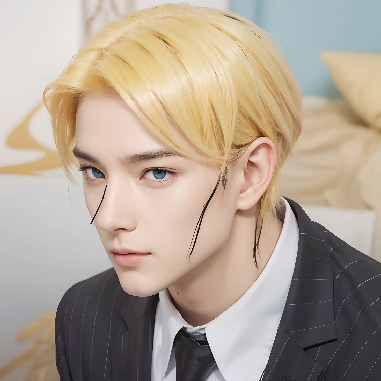 Real life adaption of this character, handsome face,realistic outfit,detailed eyes,realistic yellow hair,realistic background,hyper realistic,realism,realistic light, realistic shadow,(photorealistic:1.2), looking to viewer