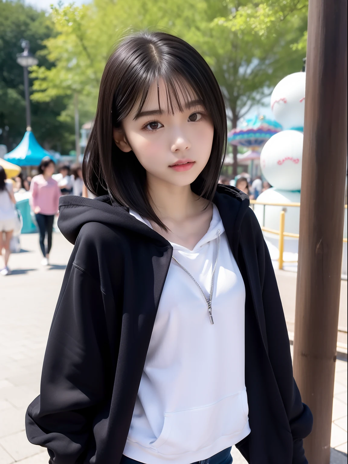 年轻,(a miniskirt),Mokomoko's hoodie,teens girl,Delicate body,petite body,Delicate body,small tits,tiny chest,Short,A dark-haired,Very Longhair,a shower,An amusement park,Looks Back