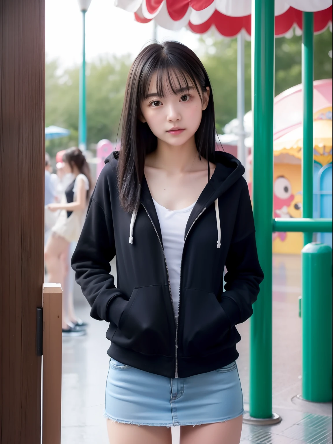 年轻，(a miniskirt)，Mokomoko's hoodie，teens girl，Delicate body，petite body，Delicate body，small tits，tiny chest，Short，A dark-haired，Very Longhair，a shower，An amusement park，Looks Back