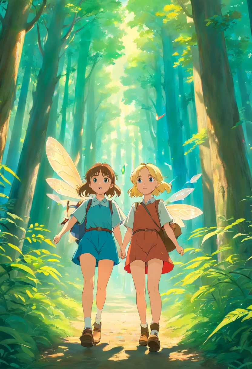 two girls,one with brown hair,one ,little blonde forest fairy,travel, adventure,vibrant colors,soft lighting