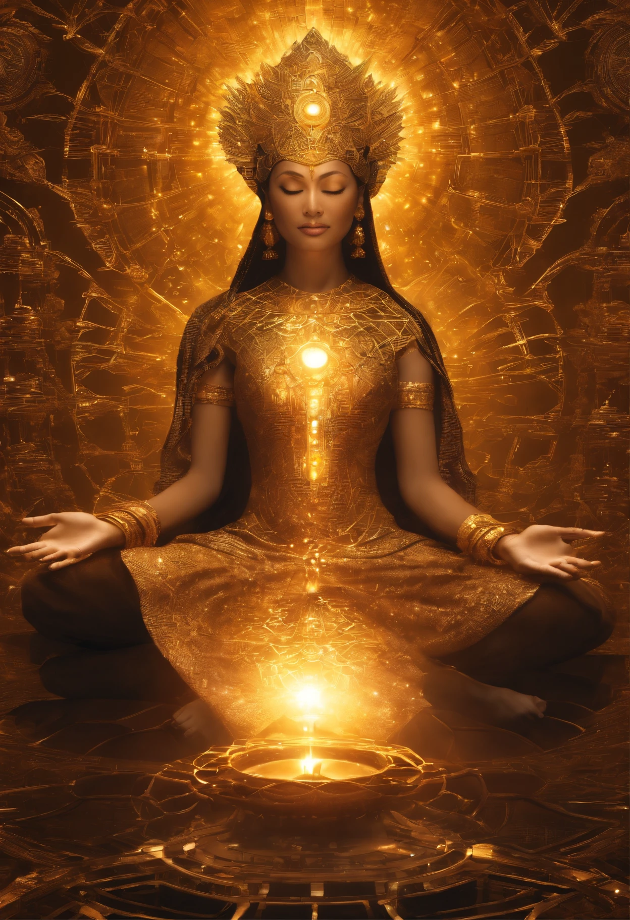 a woman sitting in the lotus position with a golden statue in the background, glowing golden aura, as the sun godness, golden ethereal light, golden aura, radiating golden light, goddess of light, sun godness, wrapped in shiny golden oil, Divine Cosmic Feminine Power, golden goddess, gold body paint, golden sacred tree, queen and ruler of the universe