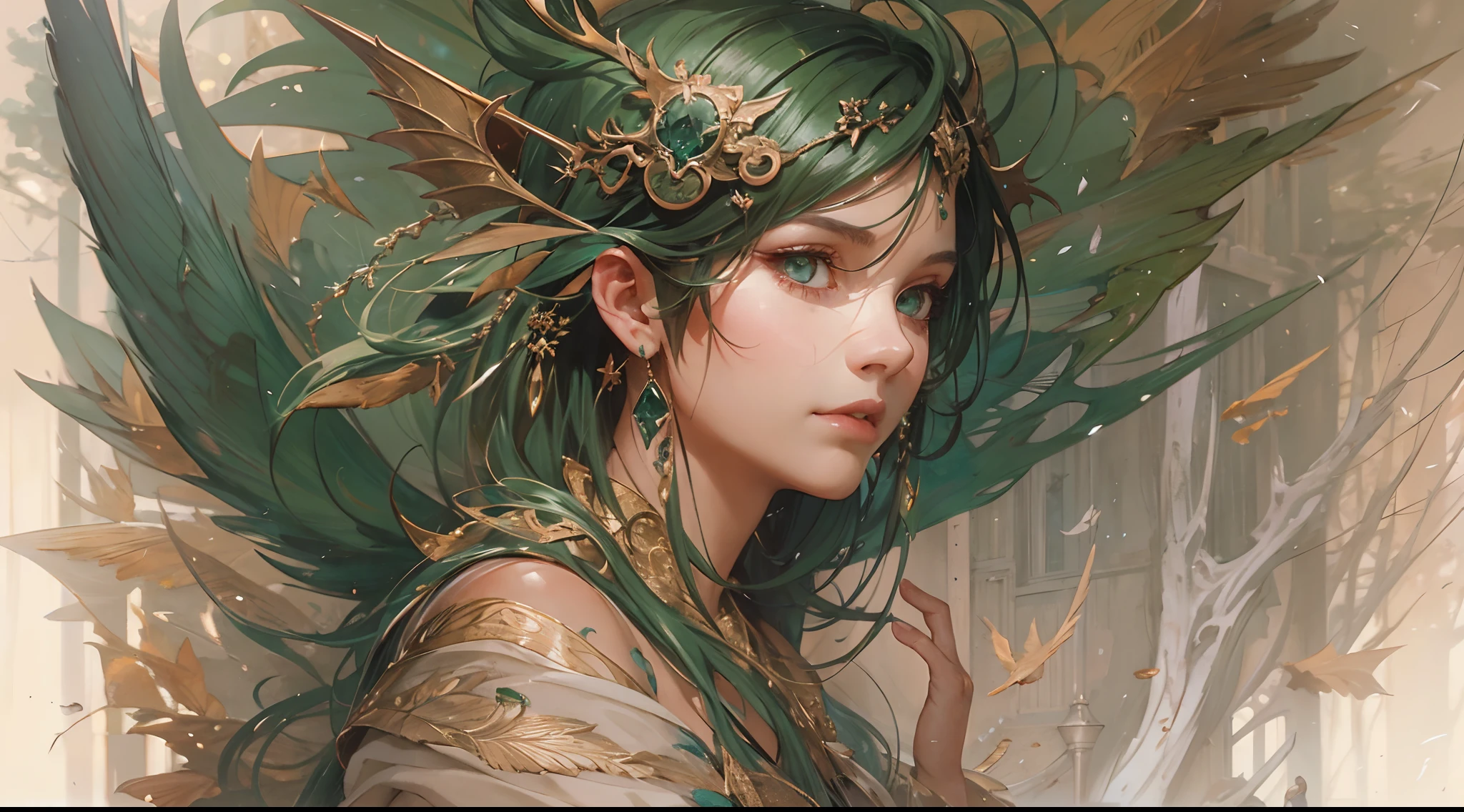 (by Greg Rutkowski: 1.2), (masterpiece), (best quality), extremely delicate and beautiful, illustration, 1 little green dragon girl, dragon horns, dragon wings, dragon tail, emerald eyes, short hair, quiet, (smile:0.8), hair ornament, robe, bare shoulders, sitting, birds, sunbeams, in grove, From Brian Froud and Carne Griffiths and Wadim Kashin and John William Waterhouse, 8K post-production, high resolution, hiper detailed, depth of field, HDR, intricate