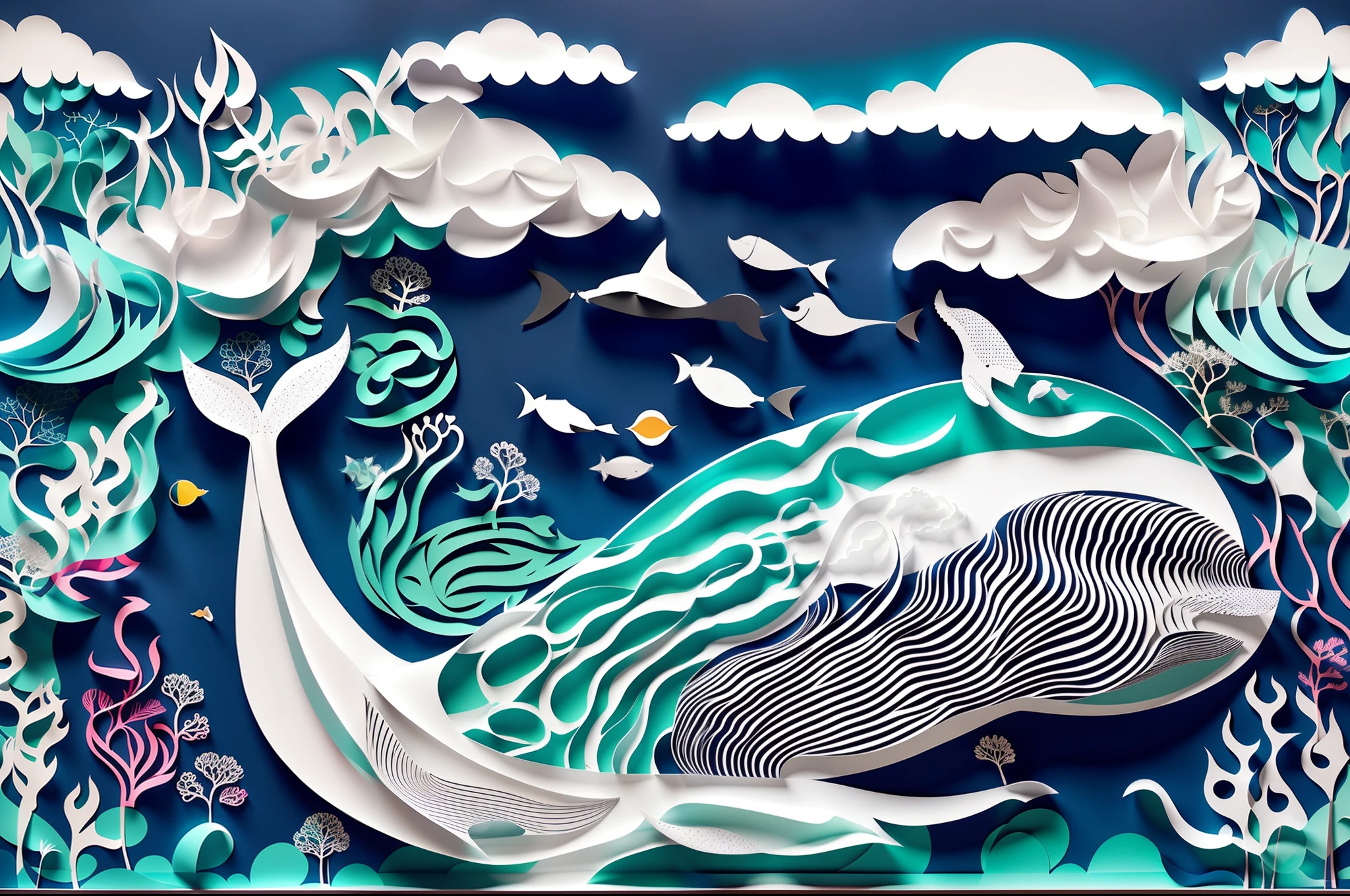 A beautiful Whale fish paper-cut art, paper-cut whale, paper-cut clouds, paper-cut sun, paper-cut sea, blue wall background, beautiful mesmerizing paper-cut artwork