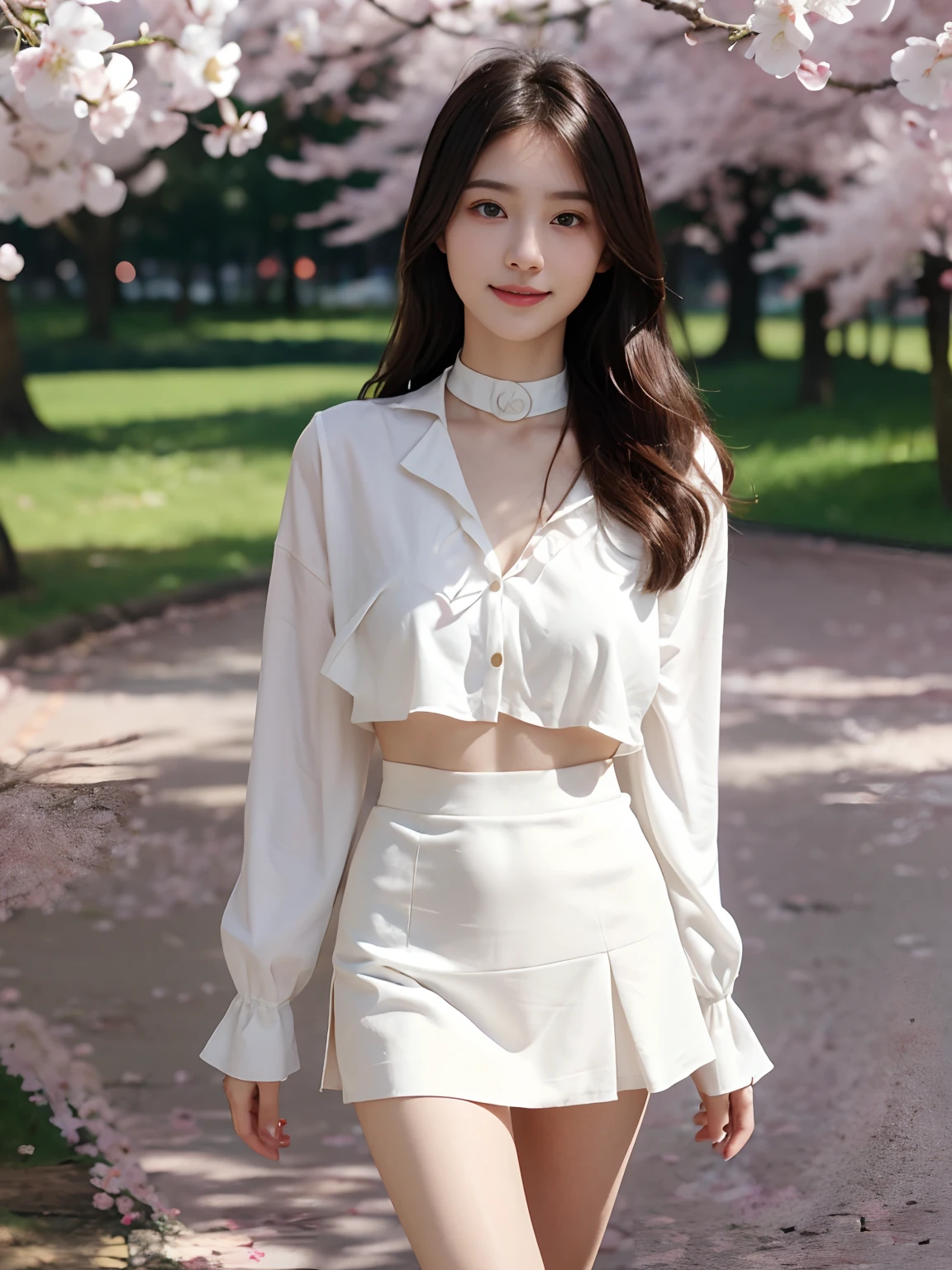 best qualtiy,tmasterpiece,超高分辨率,(真实感:1.4),RAW photogr,1girll,long whitr hair,Face Highlighting,Pure,Girly,Flushing,18yr old,18-year-old smiling female classmate,Pure,Innocent,(best qualtiy,8K,tmasterpiece:1.3),Goose egg face,largeeyes,long eyelasher,Exquisite(live-action realistic style),Star-like eyes,Ultimate face,Photorealistic light and shadow,Clear facial features,Milky white skin,Fair skin, highdetailskin, Realistic skin details, Visible Pore,(Super detail),(perfect bodies:1.1),long whitr hair,(dynamicposes),((Dynamic background((volumettic light:1.3)),short skirt,Bigchest,Slender long legs,White color blouse,choker necklace,Stand under the cherry blossom trees,Feel free,Dashing
