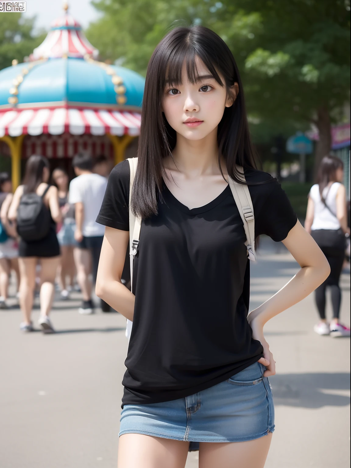 年轻,(a miniskirt),a black T-shirt,s girl,Delicate body,petite body,Delicate body,small tits,tiny chest,A dark-haired,Very Longhair,An amusement park,backpack