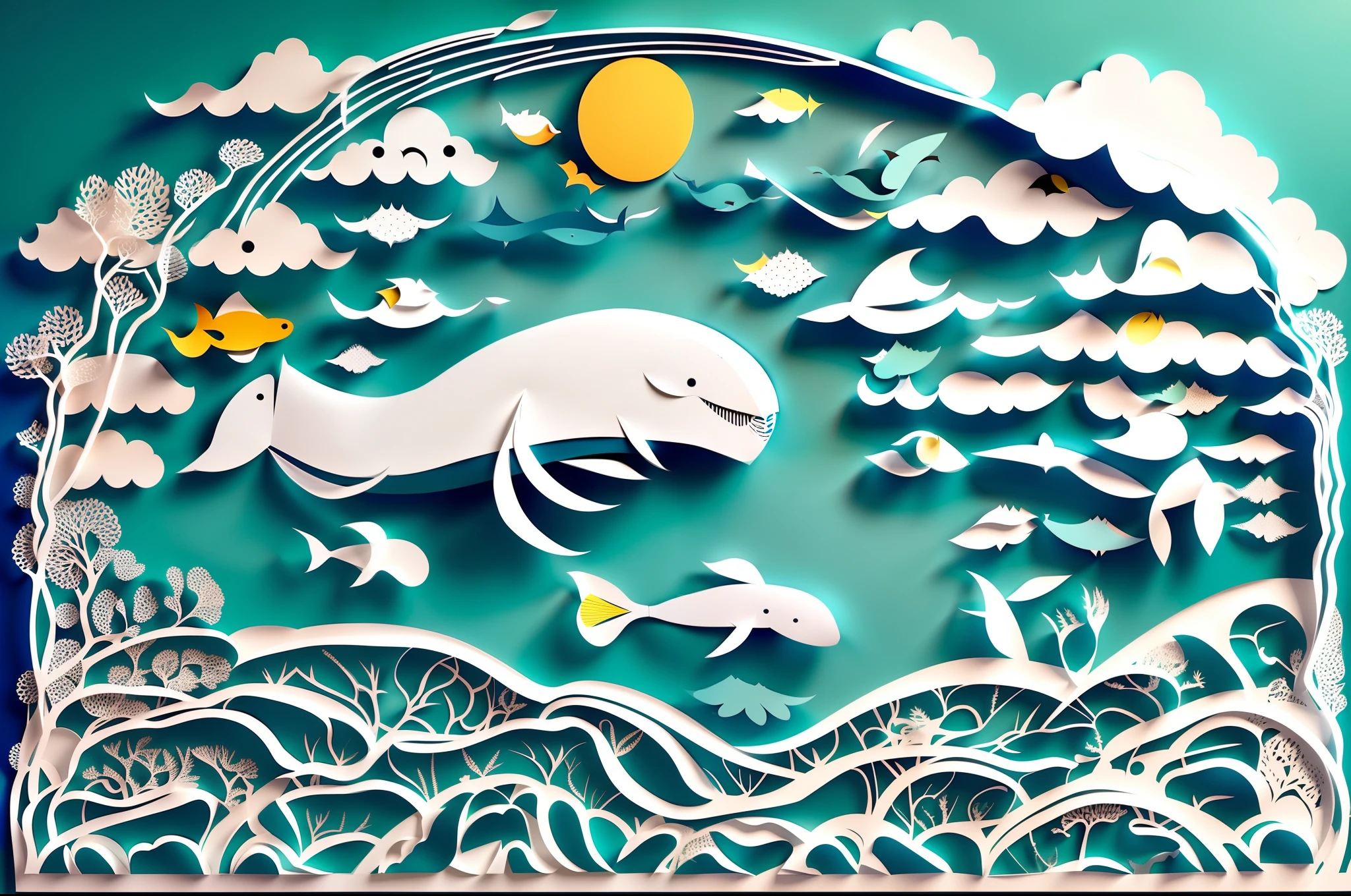 A beautiful Whale fish paper-cut art, paper-cut whale, paper-cut clouds, paper-cut sun, paper-cut sea, blue wall background, beautiful mesmerizing paper-cut artwork