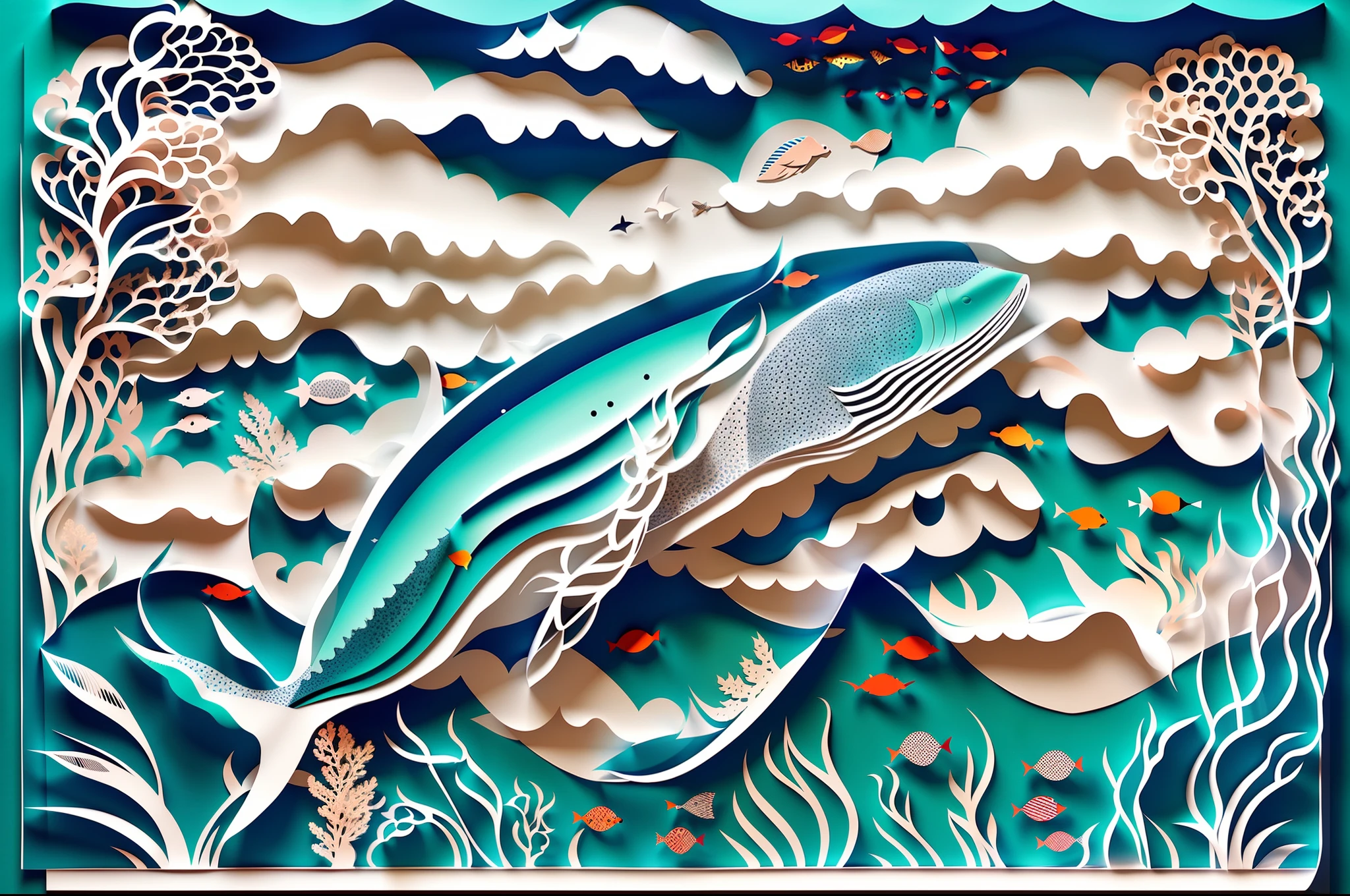 A beautiful Whale fish paper-cut art, paper-cut whale, paper-cut clouds, paper-cut sun, paper-cut sea, blue wall background, beautiful mesmerizing paper-cut artwork