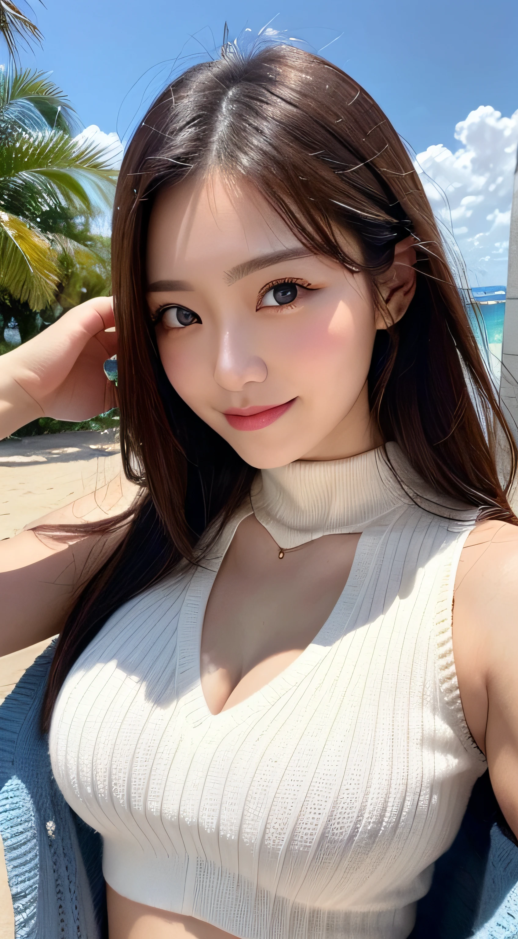 masutepiece, Best Quality, Photorealsitic, finely detail, hight resolution, 8K Wallpapers, Perfect dynamic composition, Beautiful detailed eyes, Longhaire, large full breasts, Random and sexy poses,Bring your chest together、(Mock Neck Crop Tank Top Khaki Knitwear)、(Breast bulge 1.2)、A smile、open open mouth、Resort scenery、23years old、(Drooping eyes 1.4)、 Beauty、japanes、wetting hair