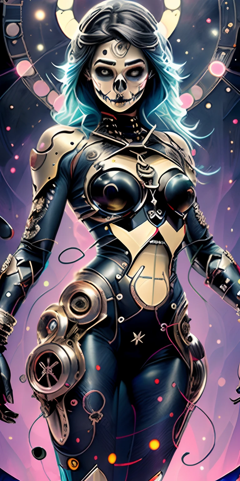 tarot cards，one-girl（full bodyesbian），cyber punk perssonage，Mechanical style，Gorgeous metal dress，dances，Metallic flowers，Solar energy core，Solid color base，Pastel colors, graceful movements,  Lots of details，delicated，tmasterpiece，32K，Extremely detailed,(Fractal art:1.1),(Colorful:1.1),(skulls:1.3),highest details,(zentangle:1.2), (Dynamic pose), (abstract backgrounds:1.3)，Metallic color