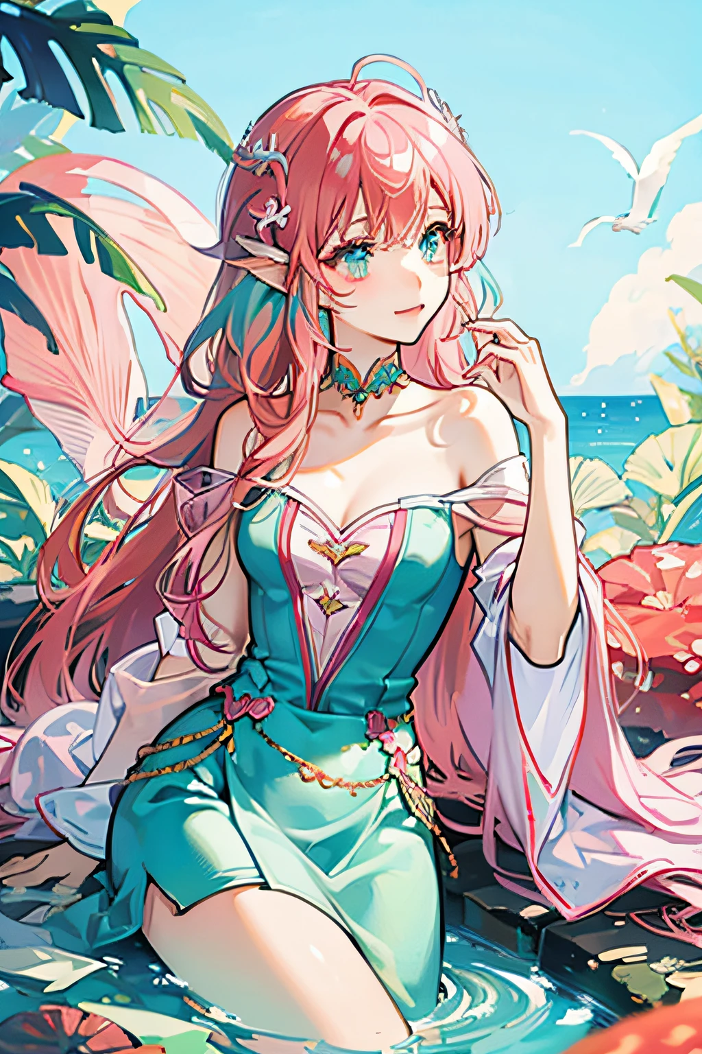 Little Mermaid A pink-haired Seven-colored scales Coral hair ornament Sareme Ears like fish fins