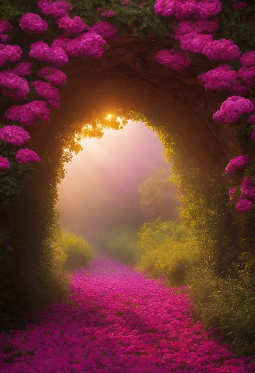 "Capture the enchanting beauty of nature as the world's best nature photographer. Framing a mesmerizing photograph of a tunnel in bloom, adorned with pink piúva, Purple rosewood, flamboyant vermelho, and yellow ipê. Let the gaps in the foliage allow diffused light to paint the ground with fallen petals. In the midst of this natural wonderland. The scene is brought to life by colorful birds and a plethora of butterflies. Alcance a magia do hiper-realismo em um 4K impressionante, Fotografia colorida de 100 megabytes."