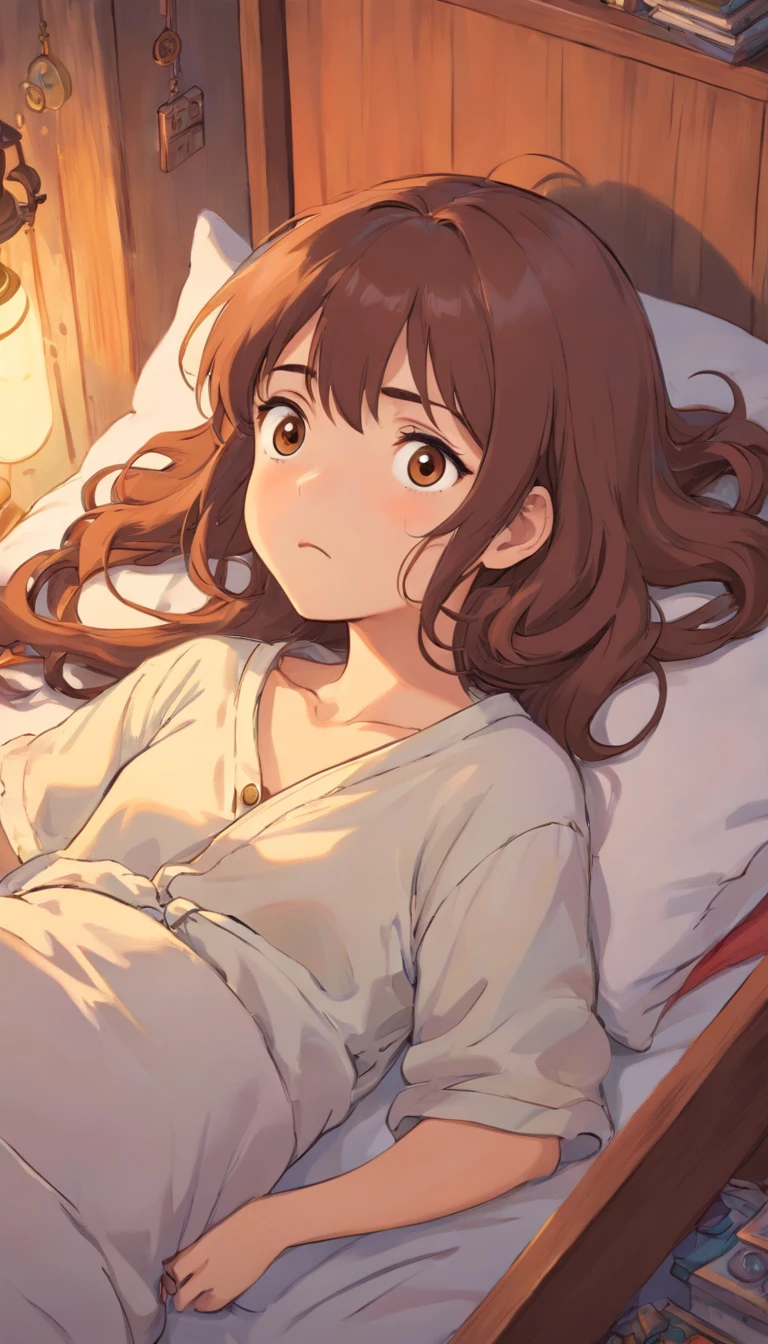 A girl with brown long hair,lying in bed,chaos room,shock face,wearing a decent sleeping wear.