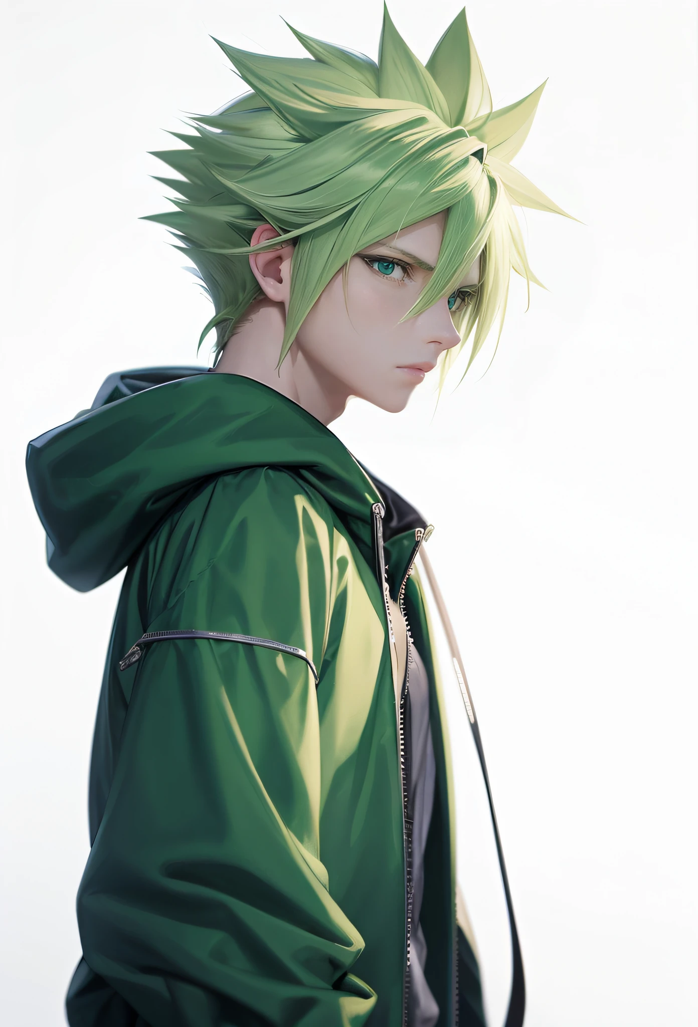 Green Hooded,Anime,Cloud Strife,WhiteHair,SeriousLook,Dark City,Neons