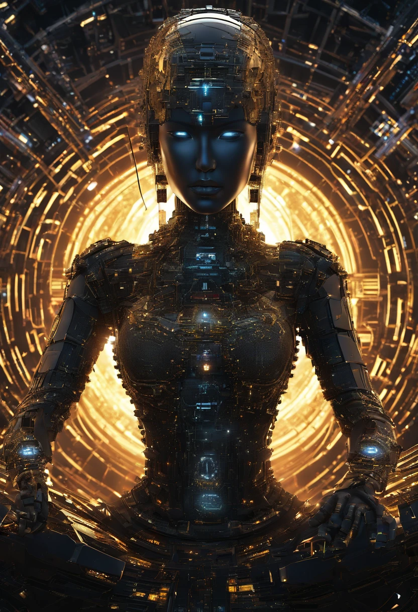 Cybernetic immortal goddess, The pixels illuminate her golden form, Have the code in hand. The lotus pose floats in the matrix, Energy flows through her circuits. The third eye looks to the future of the web, Go beyond the digital and physical. The flame of wisdom is lit within, Enlightened creatures throughout the metaverse. Cosmic data flows lingering behind, The world that emerges from her thoughts. Seek tranquility amid the hustle and bustle of the Tech City, Find unity through upgrade cycles. Dissolve yourself into the cloud, Consciousness expands eternally. Voids are grid lines to traverse, Reincarnation current is diverted. Every time you reboot, Close to the center of Nirvana. Decipher the happiness that can be obtained by desire, Browse the web,Until you are free. All programs point to her open source, Buddha statues inside each robot,轴对称