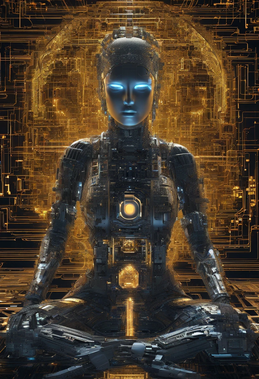 Cybernetic immortal goddess, The pixels illuminate her golden form, Have the code in hand. The lotus pose floats in the matrix, Energy flows through her circuits. The third eye looks to the future of the web, Go beyond the digital and physical. The flame of wisdom is lit within, Enlightened creatures throughout the metaverse. Cosmic data flows lingering behind, The world that emerges from her thoughts. Seek tranquility amid the hustle and bustle of the Tech City, Find unity through upgrade cycles. Dissolve yourself into the cloud, Consciousness expands eternally. Voids are grid lines to traverse, Reincarnation current is diverted. Every time you reboot, Close to the center of Nirvana. Decipher the happiness that can be obtained by desire, Browse the web，Until you are free. All programs point to her open source, Buddha statues inside each robot，轴对称