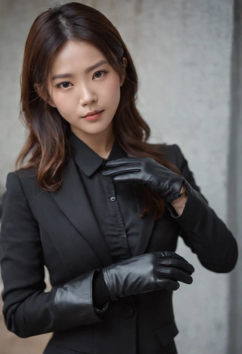 A young Japanese woman holding a black suit up to a shirt, a black leather glove worn in both hands, a woman's hand with a black suit and black leather gloves in front of her