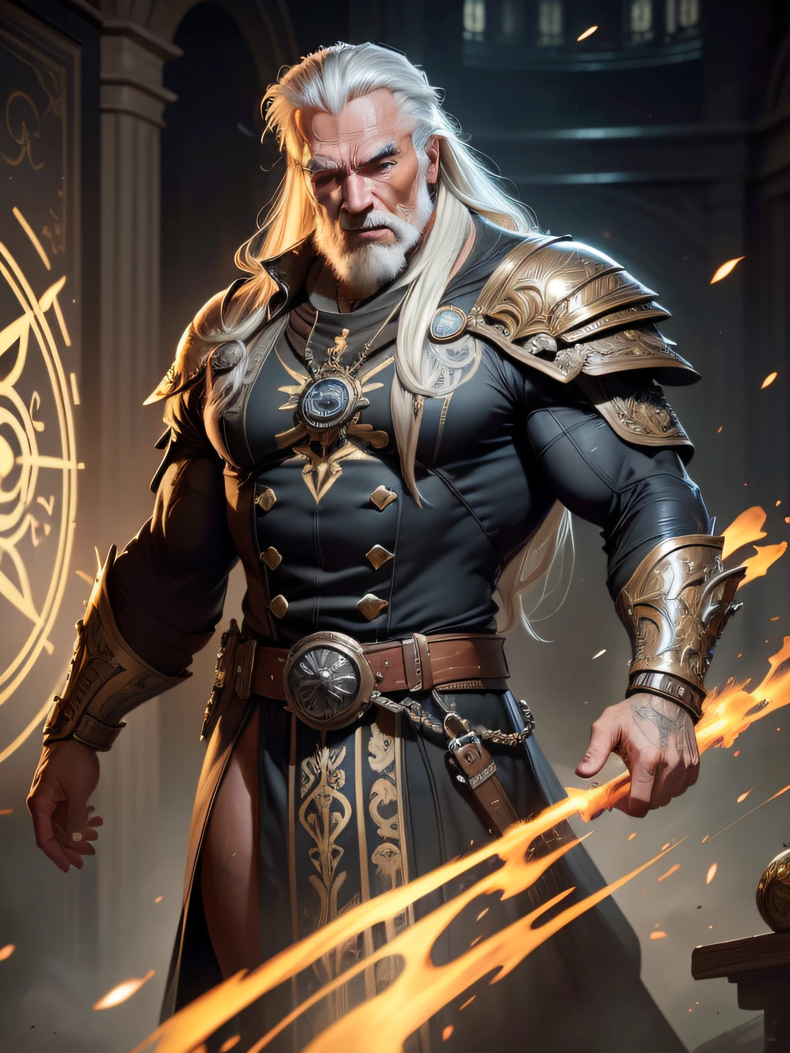 portrait, action pose, slow motion, (old male human wizard:1.2) old male human wizard wearing yellow and black robes (majestic evoker cloth armor:1.2), (wrinkles, steampunk), (archmage robes, runic patterns:1.2), (insanely detailed, bloom:1.5), (analog:1.2), (high sharpness), (detailed pupils:1.1), (painting:1.1), (digital painting:1), detailed face and eyes, Masterpiece, best quality, (highly detailed photo:1.1), 8k, photorealistic, very long straight white and grey hair, grey streaks, ecstatic, (60-year old Austrian male:1.1), sharp, (older body:1.1), stocky, realistic, real shadow 3d, (highest quality), (concept art, 4k), (wizard labratory in backgound:1.2), by Michelangelo and Alessandro Casagrande and Greg Rutkowski and Sally Mann and jeremy mann and sandra chevrier and maciej kuciara, inspired by (arnold schwarzenegger:1.001) and (Dolph Lundgren:1.001) and (Albert Einstien:1.001)