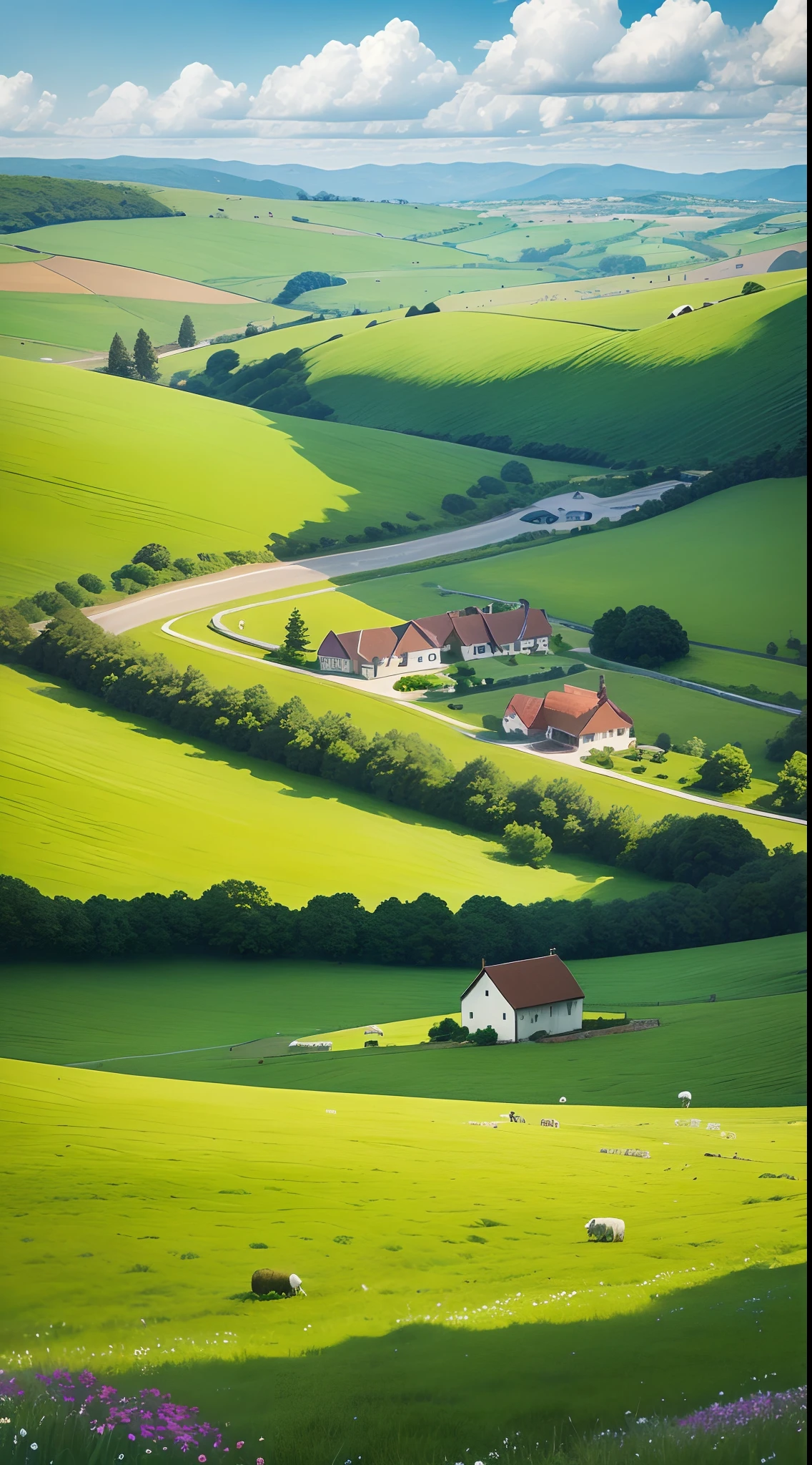 Peaceful and idyllic countryside, Rolling green hills dotted with grazing sheep, Charming farmhouse,Set amidst vibrant flowers, Clear blue sky overhead, Evokes a sense of peace and simplicity,green floor,Real shooting,Real Scene,Ultra HD ultra-wide angle