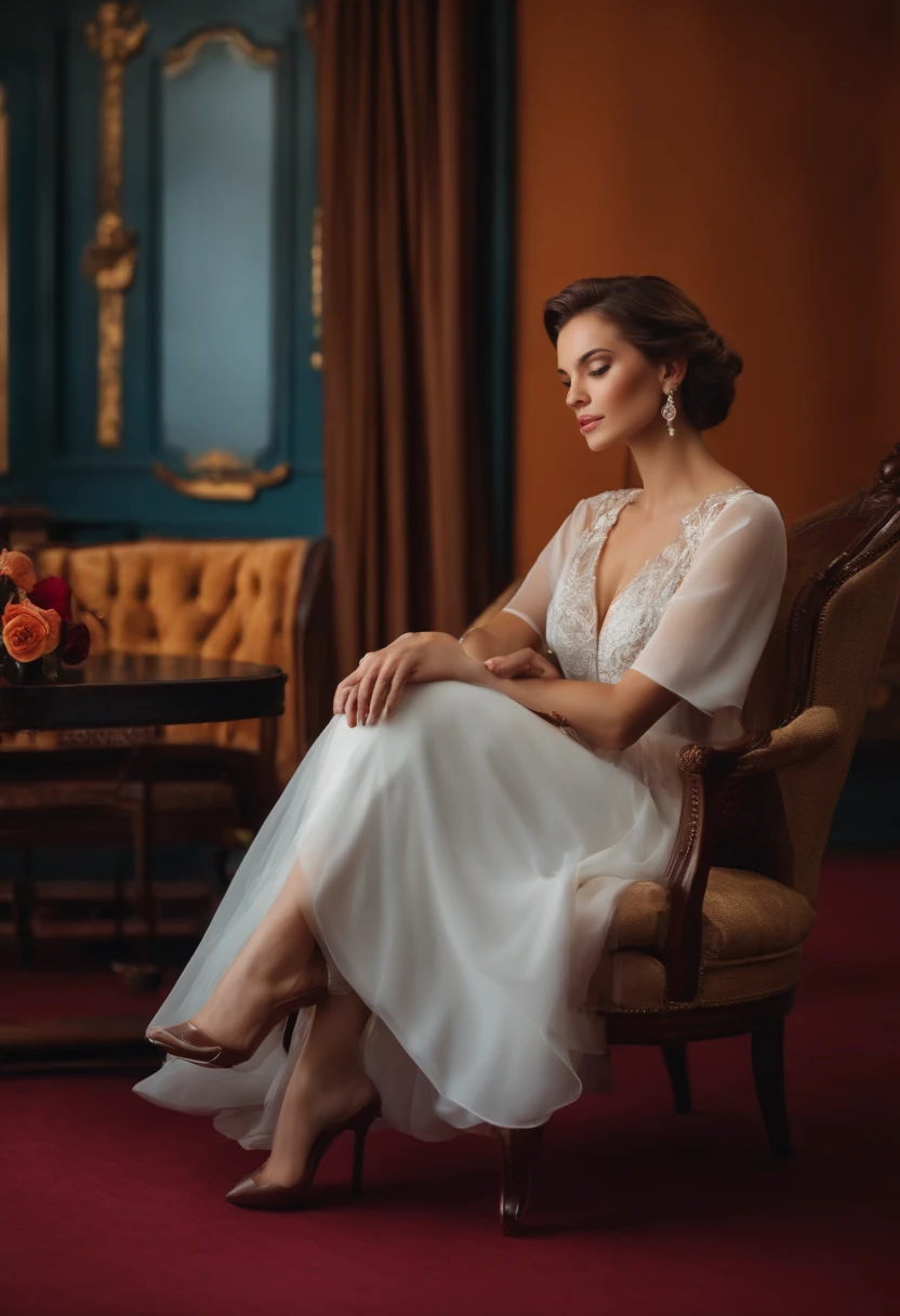 Beautiful classy and relaxed woman is sitting at chair