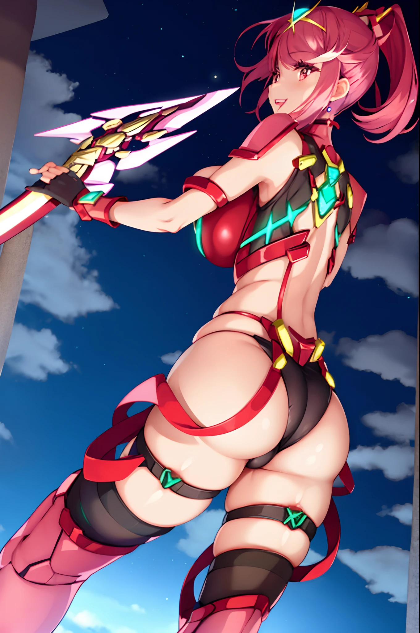 pyra \(xenoblade\), _1girl, lolibangs, black gloves, breasts, red eyes, shout, earrings, eyelashes, fingerless gloves, floating hair, , gem, gloves, hair ornament, headpiece, jewelry, big_breasts, leaning back, swimsuit, neon trim, official art, pose, red hair, saitou masatsugu, short hair, sidelocks, skin tight, solo, swept bangs, thighhighs, tiara, fantasy_town_background, underbust, xenoblade chronicles \(series\), (xenoblade chronicles 2), (spread_legs:1.1), fire_effect,dynamic_pose,fighting,light_smile, (plump:1.1), big_ass,huge_sword, hold_large_sword_hilt, covered_nipples, covered_pussy, fists,ponytail,beautiful_fingers,(solo:1.1), bare_shoulder,(shoulder_naked:1.2), nipple_jewel,