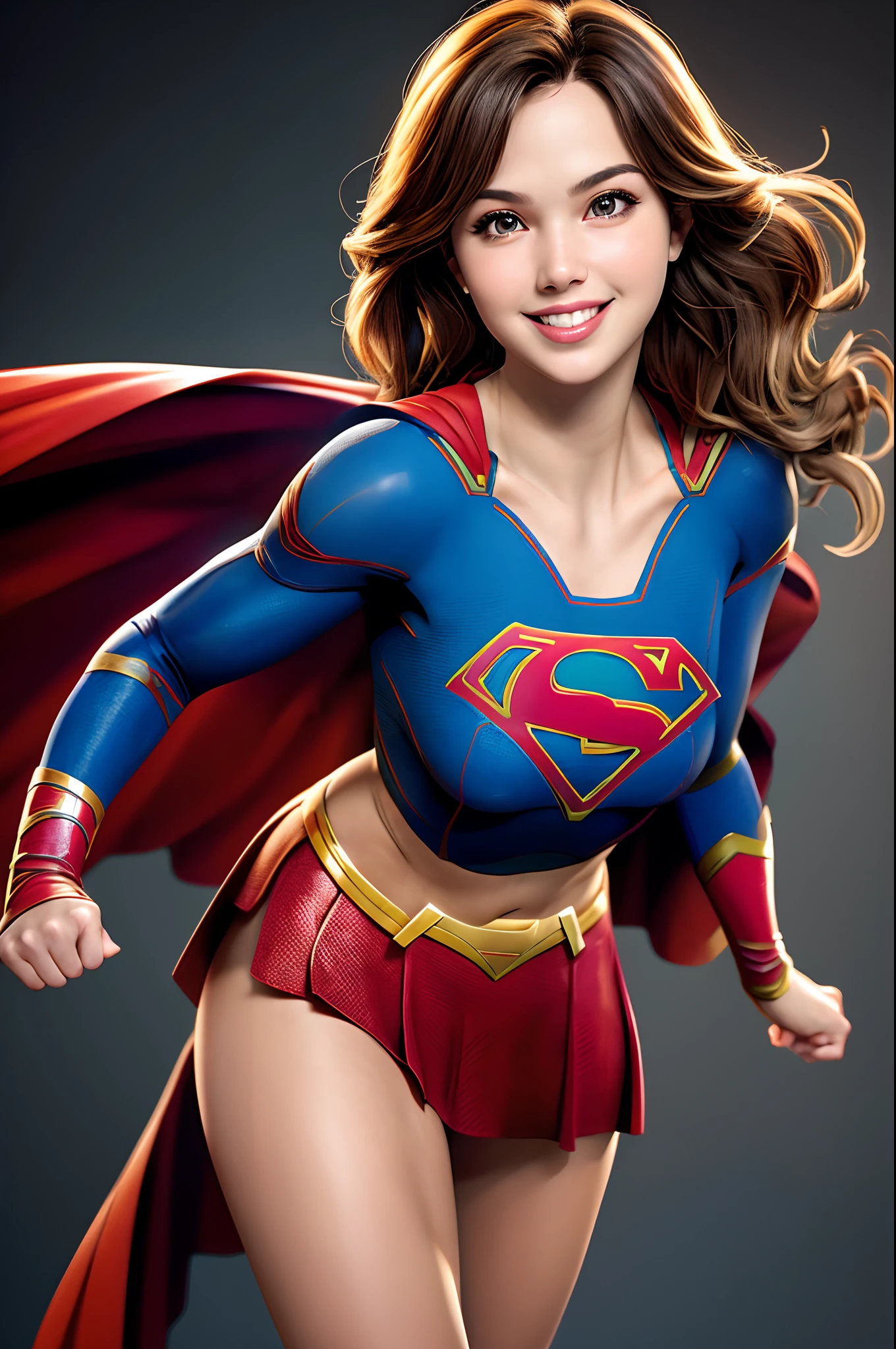 ((super girl)), (((Supergirl Costumes))), Portrait photography by Art Germ, realism style, Lustrous skin, The main character of the cartoon, Natural light, tight lips, Strong body, Feminine body, full length, viewer, (Smile:1.2), Depth of field f/1.8, studio shot, (((looking in camera))), looking in camera, ((( Camera Eye))) , ellen von unwerth, (Sexy Pose:1.5),