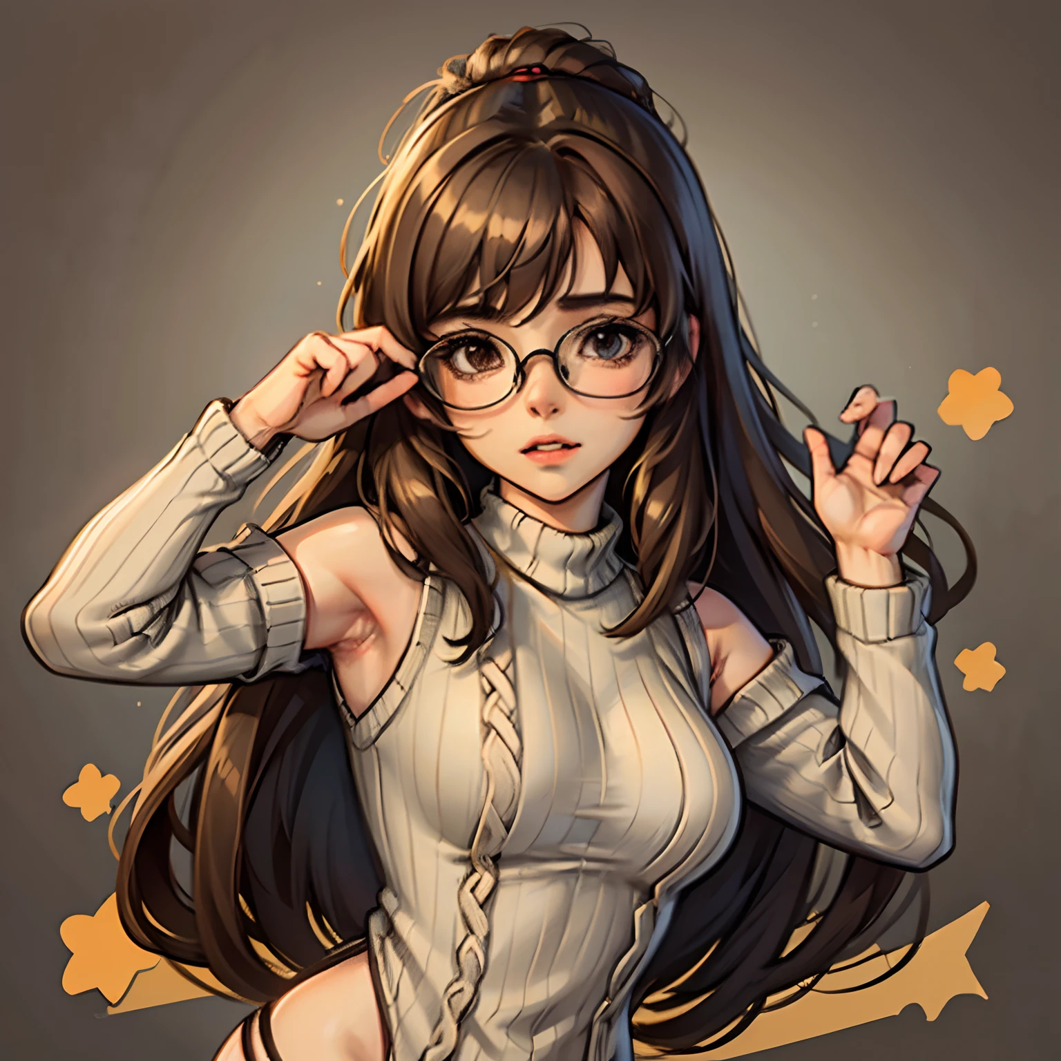 1 cute girl, thick brown hair to the shoulder blades, Big shiny brown eyes, long eyelashes, eyeglasses, sweater; 9，9 sets of emoticons，9 poses and expressions，Miyazaki style，black strokes，different emotions，8K