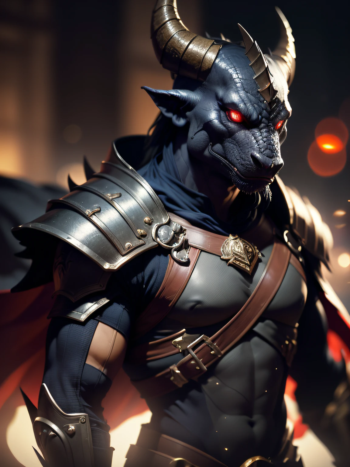 black dragonborn, solo, red eyes, male, upper body, male focus, horns, cape, armor, glowing, glowing eyes , volumetrics dtx, (film grain, blurry background, blurry foreground, bokeh, depth of field, motion blur, realistic:1.3) , ((masterpiece, best quality)), art by greg rutkowski