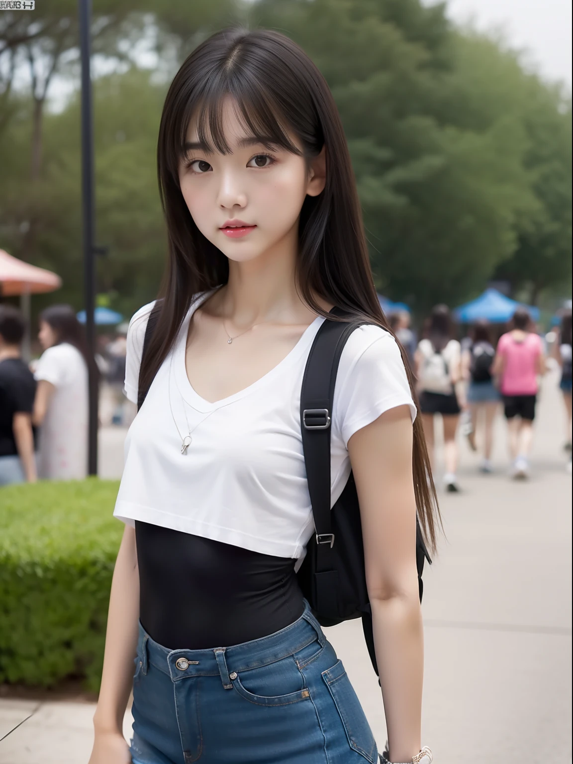 年轻，(a miniskirt)，a black T-shirt，teens girl，Delicate body，petite body，Delicate body，small tits，tiny chest，A dark-haired，Very Longhair，An amusement park，backpack