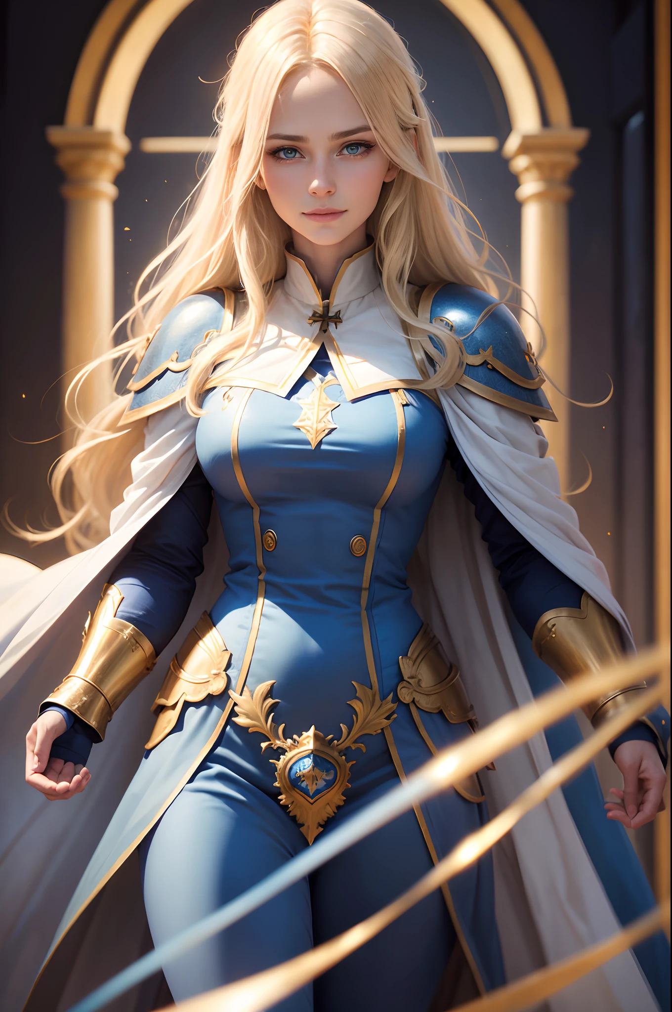 8K,Photorealsitic Raw photography top-quality;1.4) (1 Mature Saint) Super beauty fighting(Lifelike face) Blue and white sacred robe and blue and white trousers Golden decorations and gauntlets long blonde hair and blue eyes A smile clergyman Beautiful expression 超A high resolution A hyper-realistic real looking skin