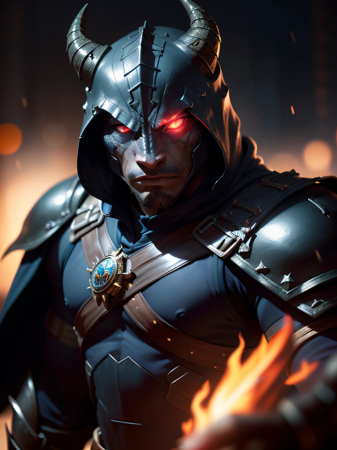 black dragonborn, solo, red eyes, male, upper body, male focus, horns, cape, armor, glowing, glowing eyes , volumetrics dtx, (film grain, blurry background, blurry foreground, bokeh, depth of field, motion blur, realistic:1.3) , ((masterpiece, best quality)), art by greg rutkowski