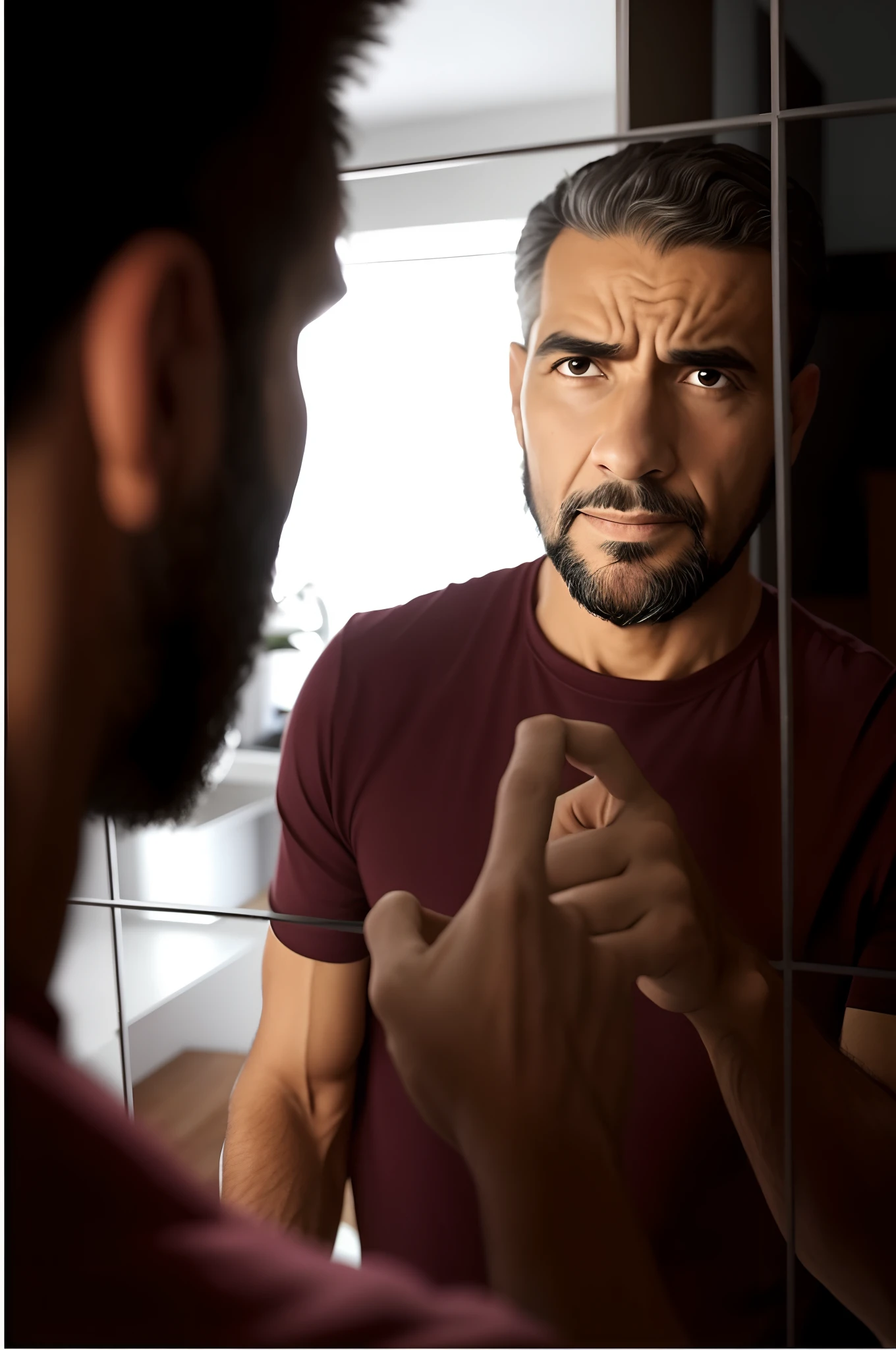 There's a man looking at himself in the mirror, Irritado com o espelho, Olhar no espelho, Olhando no espelho, Olhar no espelho, Olhar no espelho, Olhando no espelho para o eu mais velho com barba branca, em frente a um espelho, Homem na casa dos 80 anos, auto-fala negativa, autodepreciativo, espelhamento, homem triste, com um espelho,