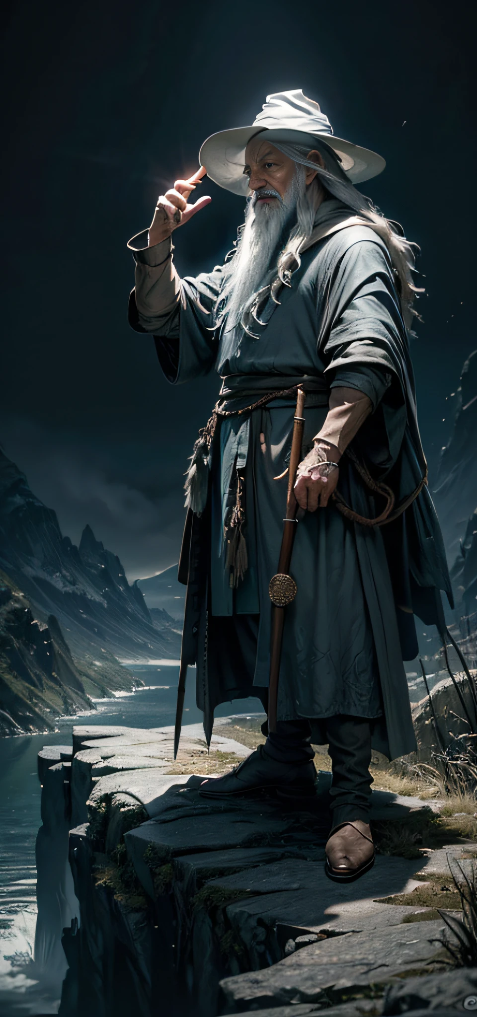 Gandalf no estilo de upscale, ilustrador, alta qualidade, 8k, alta resolução, alto detalhamento, sorriso, Speak and gesture with your hands, kinematic shading, cores vividas, luminosidade fria e suave, noite de Chicago, vento soprando, foto de perfil