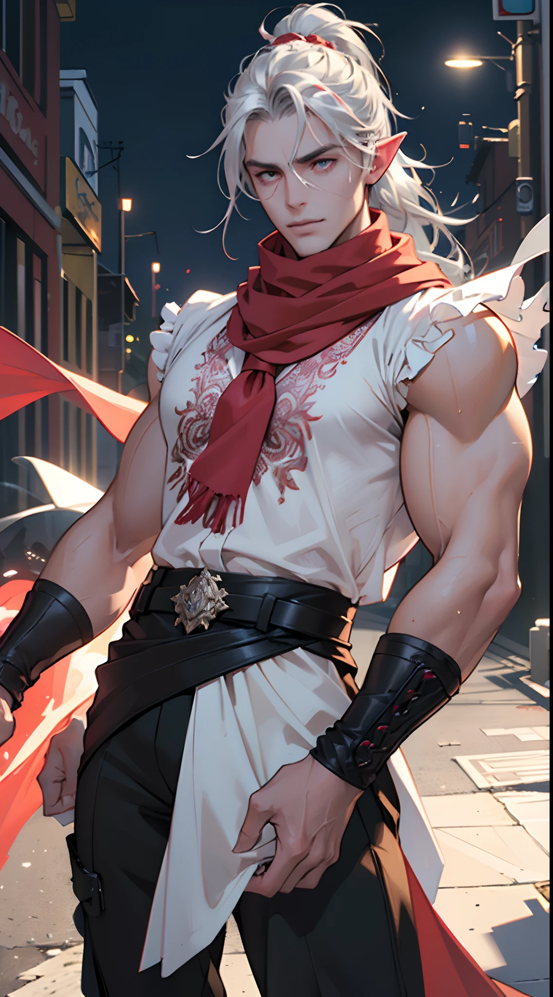(Masterpiece:1.2), best quality, (illustration:1.2), (ultra-detailed),Eye focus,(Masterfully crafted Glow, pink lens flare), (Cinematic background), hyper details, (delicate detailed), (intricate details), octane render, hdr, (hyperdetailed:1.15), (soft light:1.2), 1Character , ultra detailed eyes, mature, rainbow painting drops, outdoors,(glowing eyes),(Cinematic masterpiece),(dynamic:1.2), fierce, powerful, splashes of colour absolutely eye-catching, (Cinematic headlight),((caustic)), dynamic angle, beautiful detailed glow, ambient occlusion, ambient light, raytraced reflections,(best illumination, an extremely delicate and beautiful), ((cinematic light)) (radiant aura), perfectly drawn hands, 4 fingers, 1 thumb, realistic hand shape,((red outfit))c golden detail, ((white neck scarf )), lots of belts , ((Handsome man:1)), ((gray stubble :1.1)) , red eyes , elf ears , extremely long hair , ((silver hair)) , hair in a ponytail, lean , ((muscular:1)) ,((male:2 )), age 41 , ((muscular arms:1 ))
