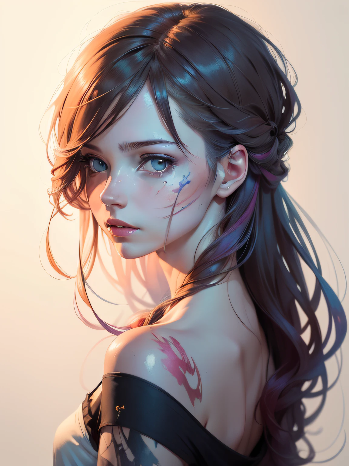 (8k, best quality, masterpiece:1.2),(best quality:1.0), (ultra highres:1.0), watercolor, a beautiful woman, shoulder, hair ribbons, by agnes cecile, half body portrait, extremely luminous bright design, pastel colors, (ink:1.3), autumn lights
