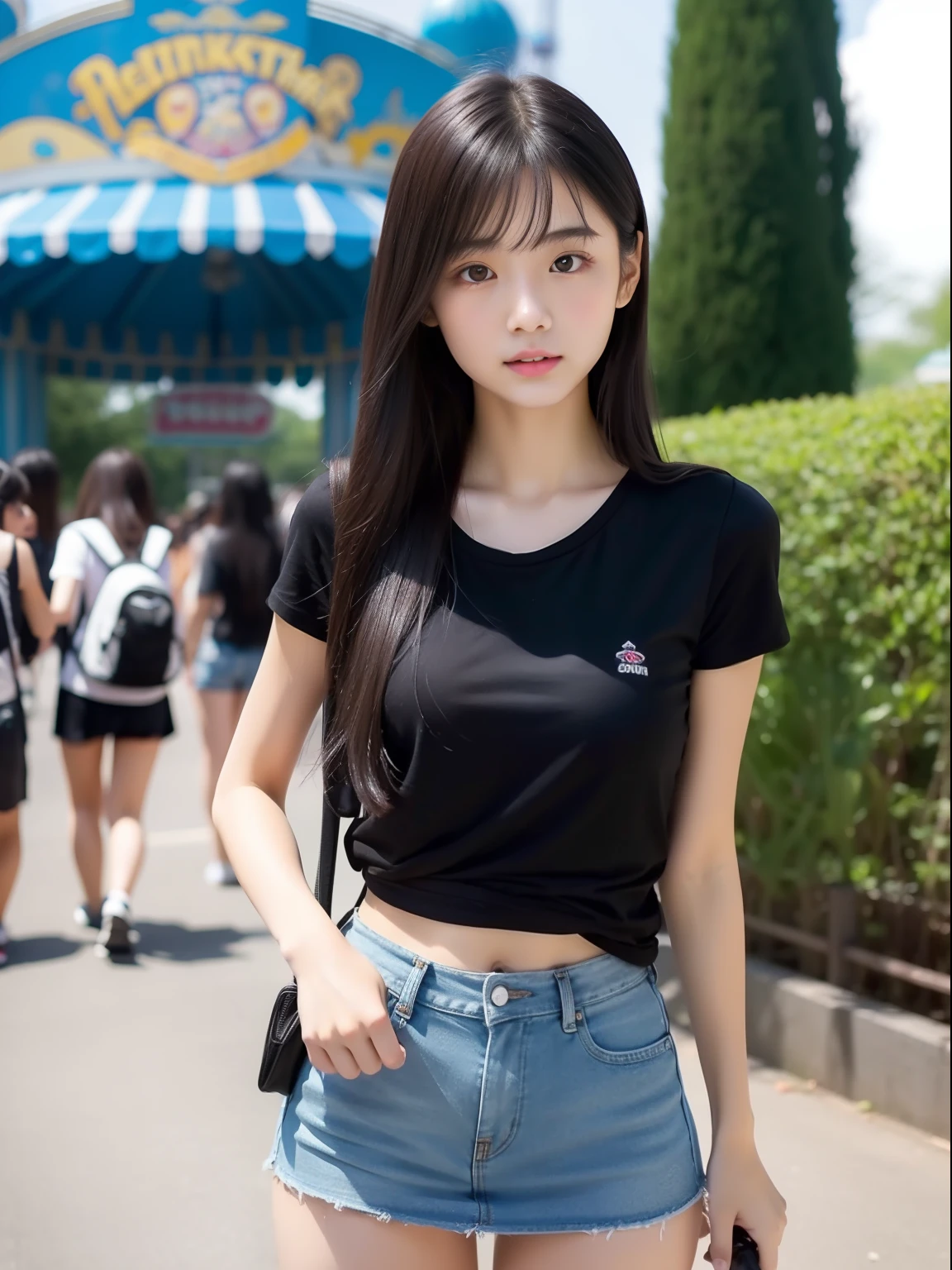 年轻，(a miniskirt)，a black T-shirt，teens girl，Delicate body，petite body，Delicate body，small tits，tiny chest，A dark-haired，Very Longhair，An amusement park，backpack